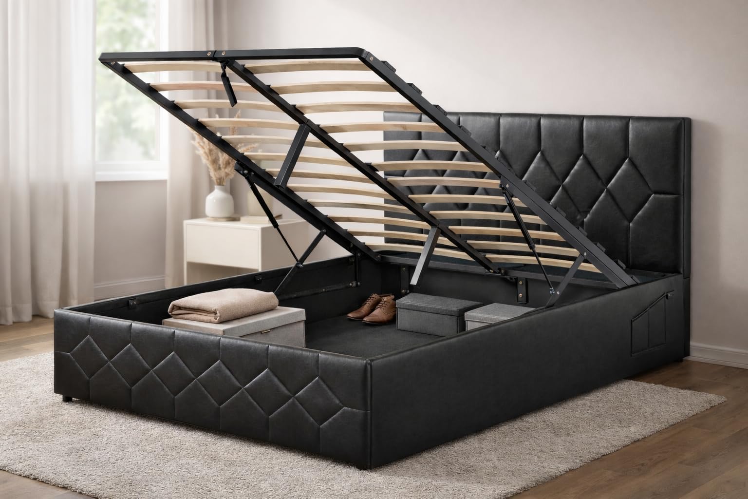 Modernique Black Faux Leather Ottoman Storage Bed with Built-in Anti-Shake Headboard, 2 Side Pockets & USB | Type-C Charging Ports (Small Double (4ft))