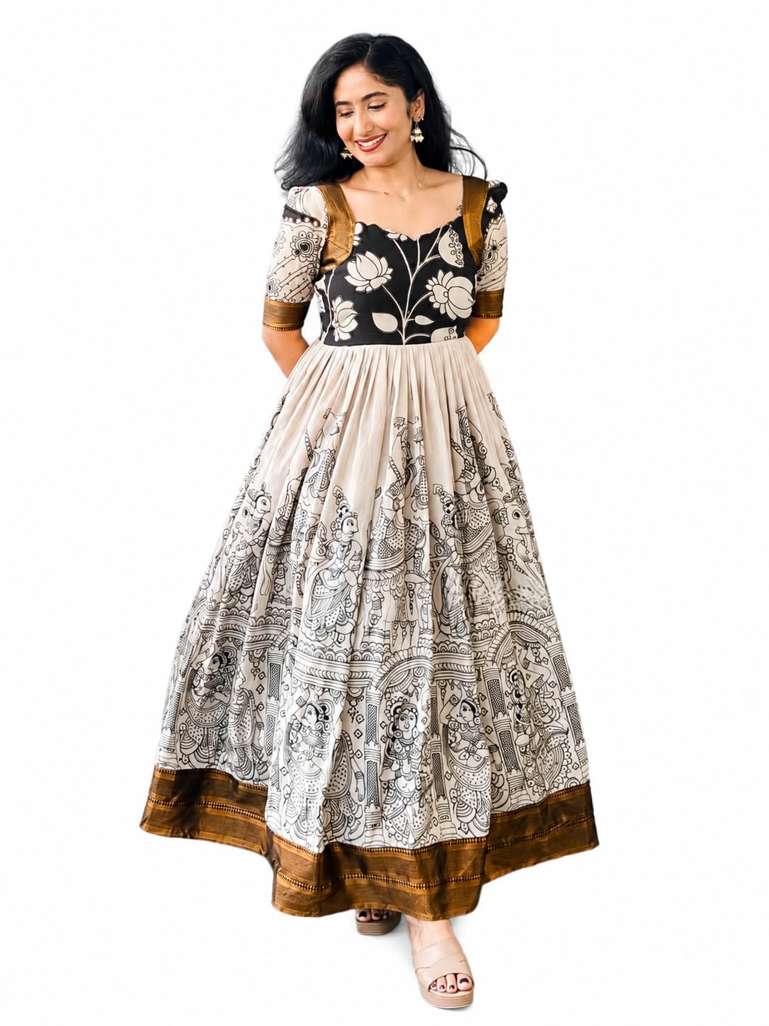 Dharam creationWomen's Kalamkari Printed Anarkali Maxi Dress | Ethnic Cotton Blend Long Gown | Traditional Flared Kurta Dress | Half Sleeve Casual Black & White-picture-54
