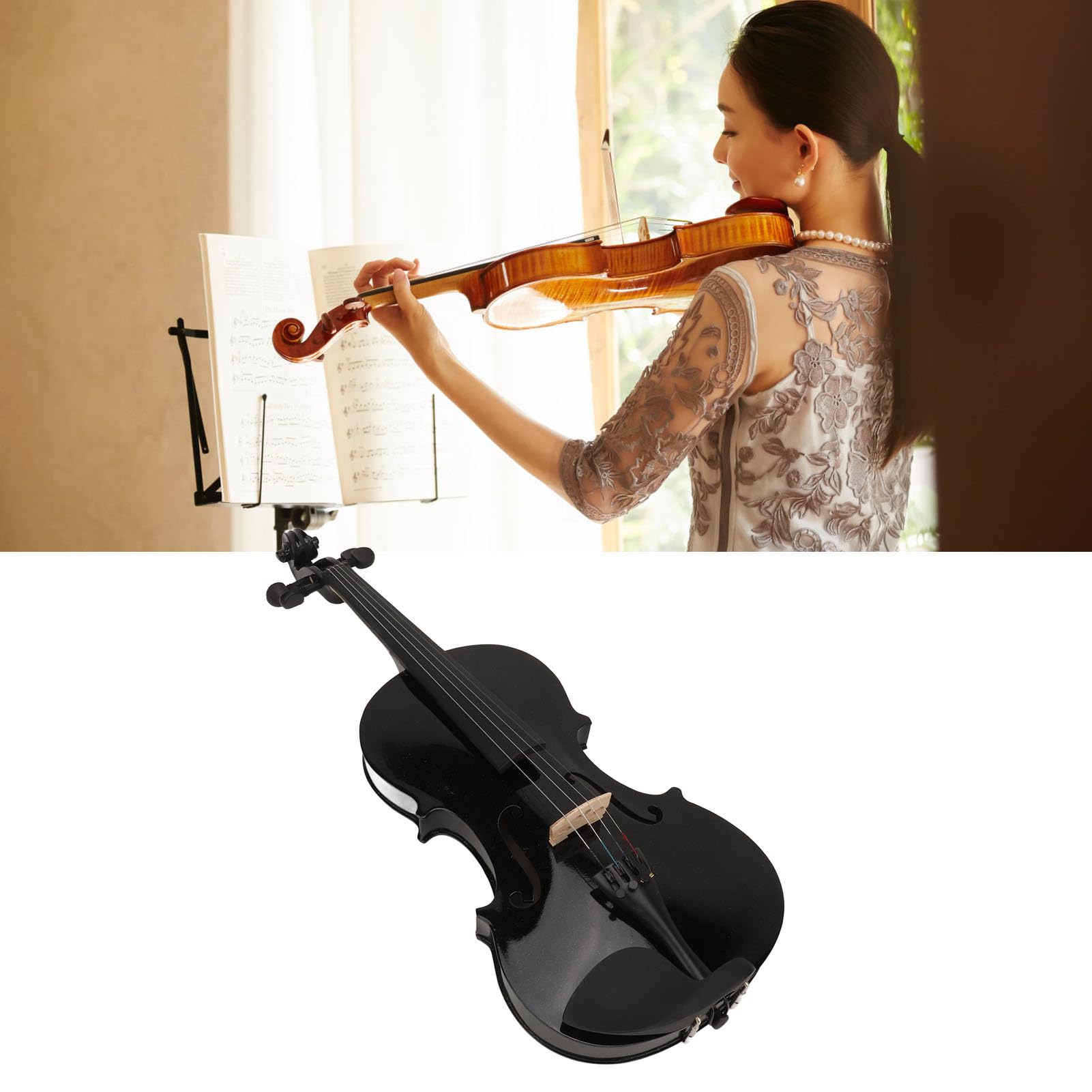 Violino Acustico 4/4 a Grandezza Naturale con Kit Iniziale, Custodia Rigida, Colofonia, Poggiaspalla, Archetto, Corde Extra, Sordina, Materiale Unico con Paillettes e Manuale,