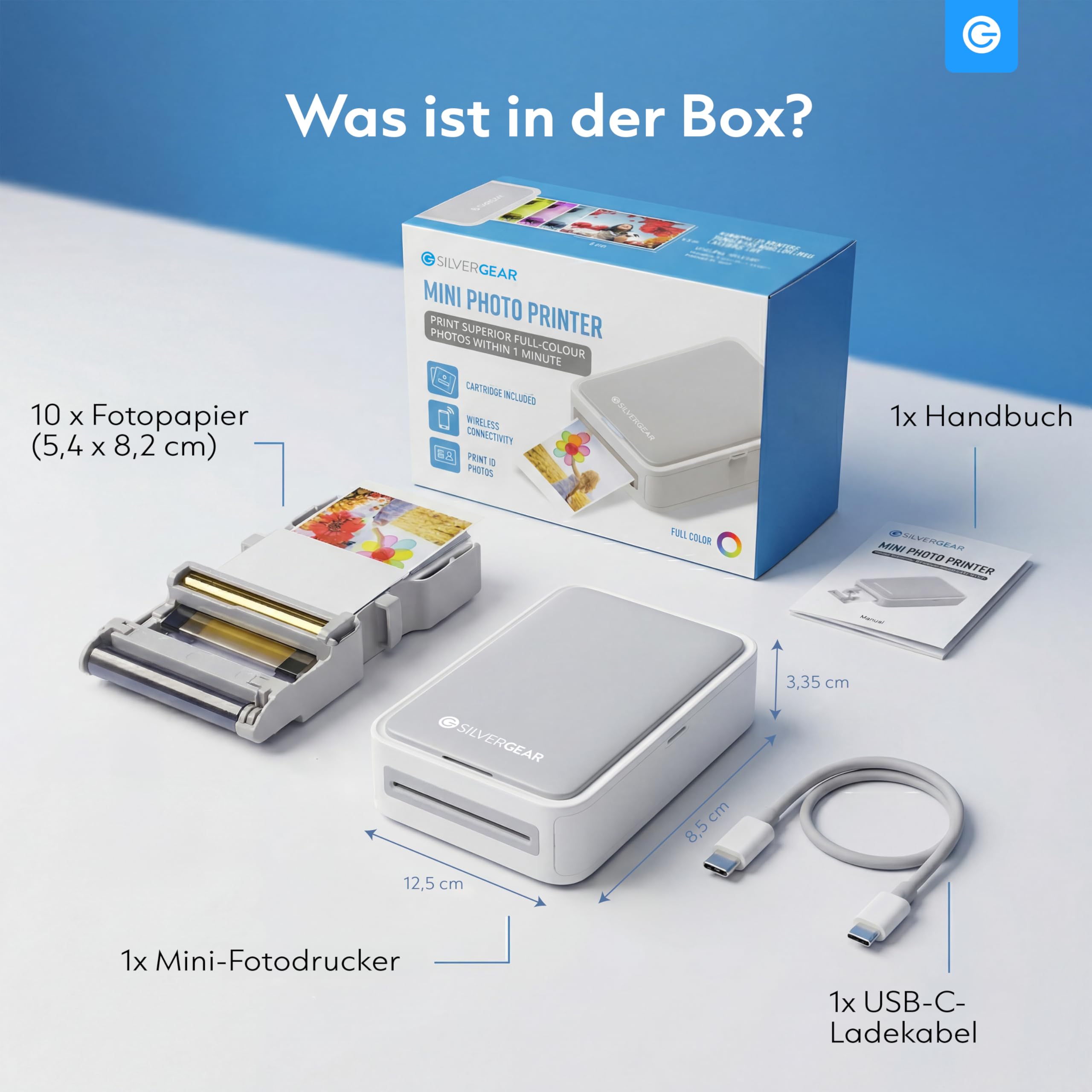 Silvergear® Fotodrucker für Smartphone | Mini Drucker Bluetooth mit App | iOS & Android | 300dpi Sofortbilddrucker | 4Pass-Farbsublimation | Hochzeit & Journaling | inkl. Fotoblätter 5,4×8,2cm | Weiß