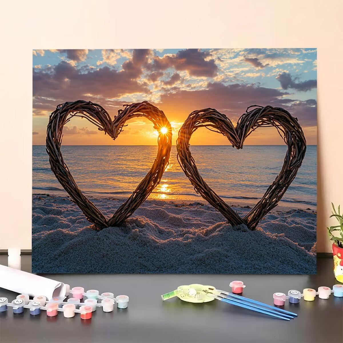 Herz Dipingere con i Numeri Spiaggia Dipingere con i Numeri per Adulti Bambini Principianti, Fai da te Paint by Numbers Kit Artigianato Hobby Adulti, La Decora la Casa 100 x 135 cm, Senza Cornice 1O-I