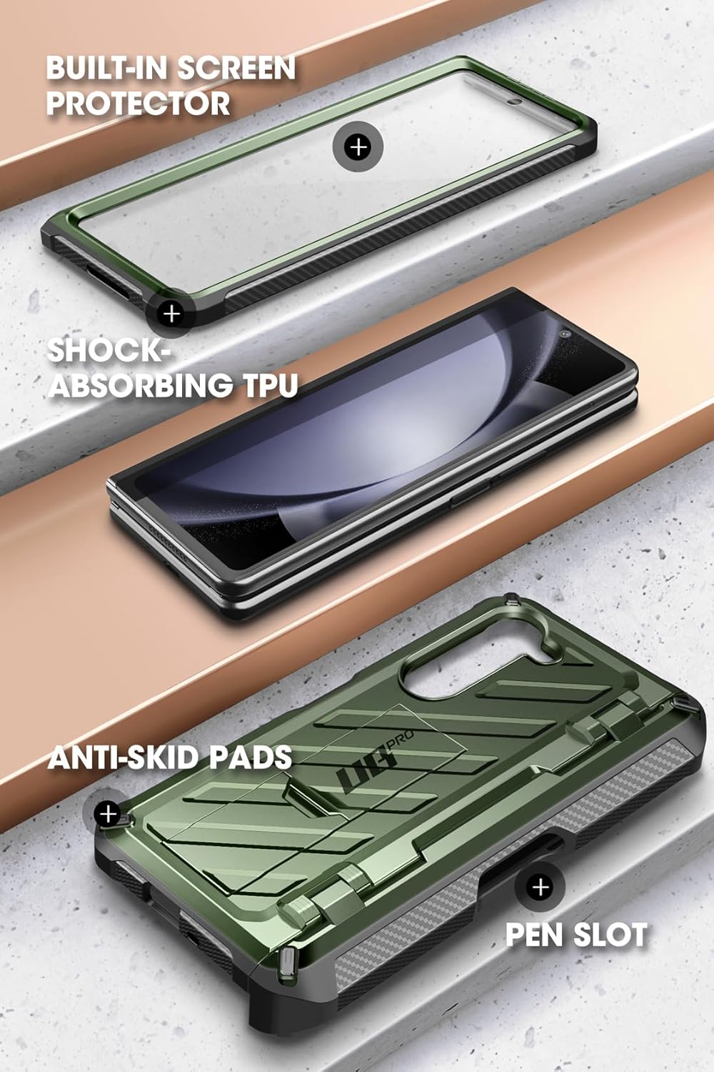 SUPCASE for Galaxy Z Fold 5 Case with S Pen Holder (Unicorn Beetle Pro), [Built-in Screen Protector & Stand] [Military-Grade Protection] Heavy Duty Protective Phone Case for Samsung Fold 5, Guldan