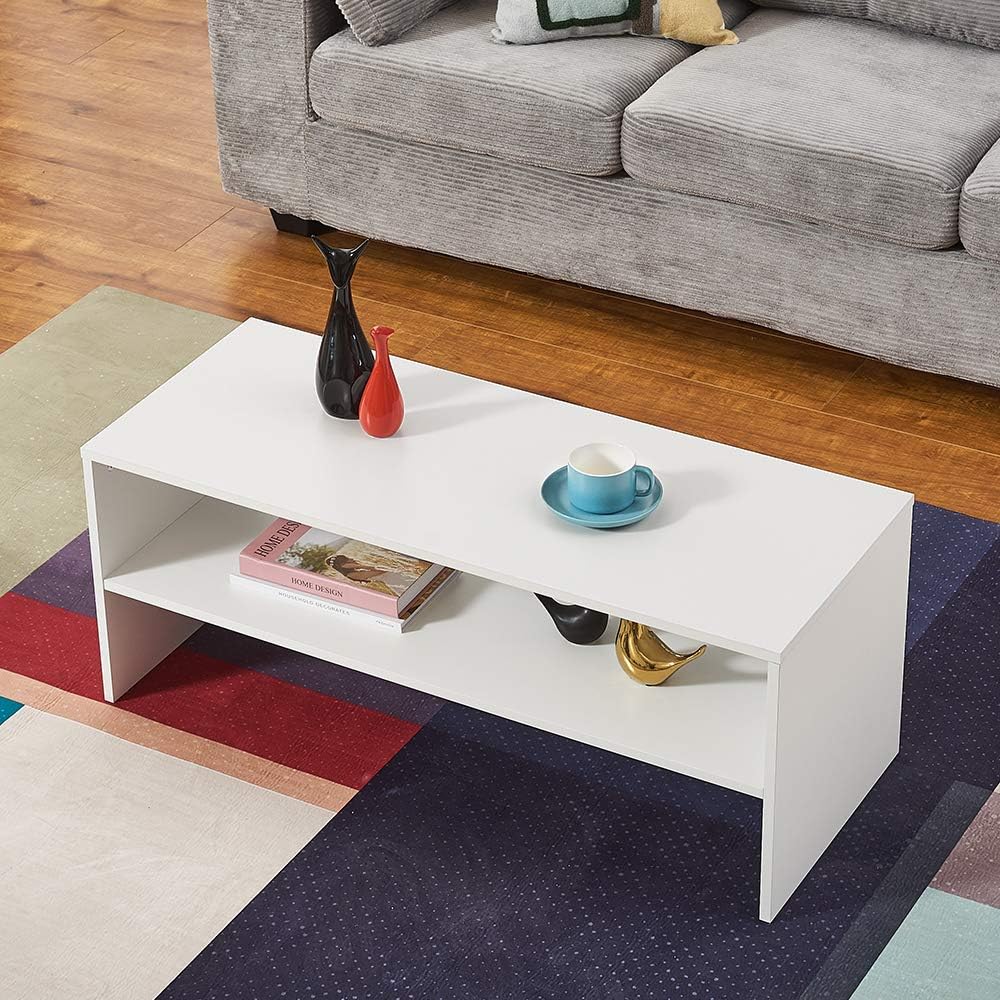 Panana 2-Tier Coffee Table with Storage Shelf, Coffee Table End Table Tea Table for Living Room, 95 x 40 x 40 cm (White)