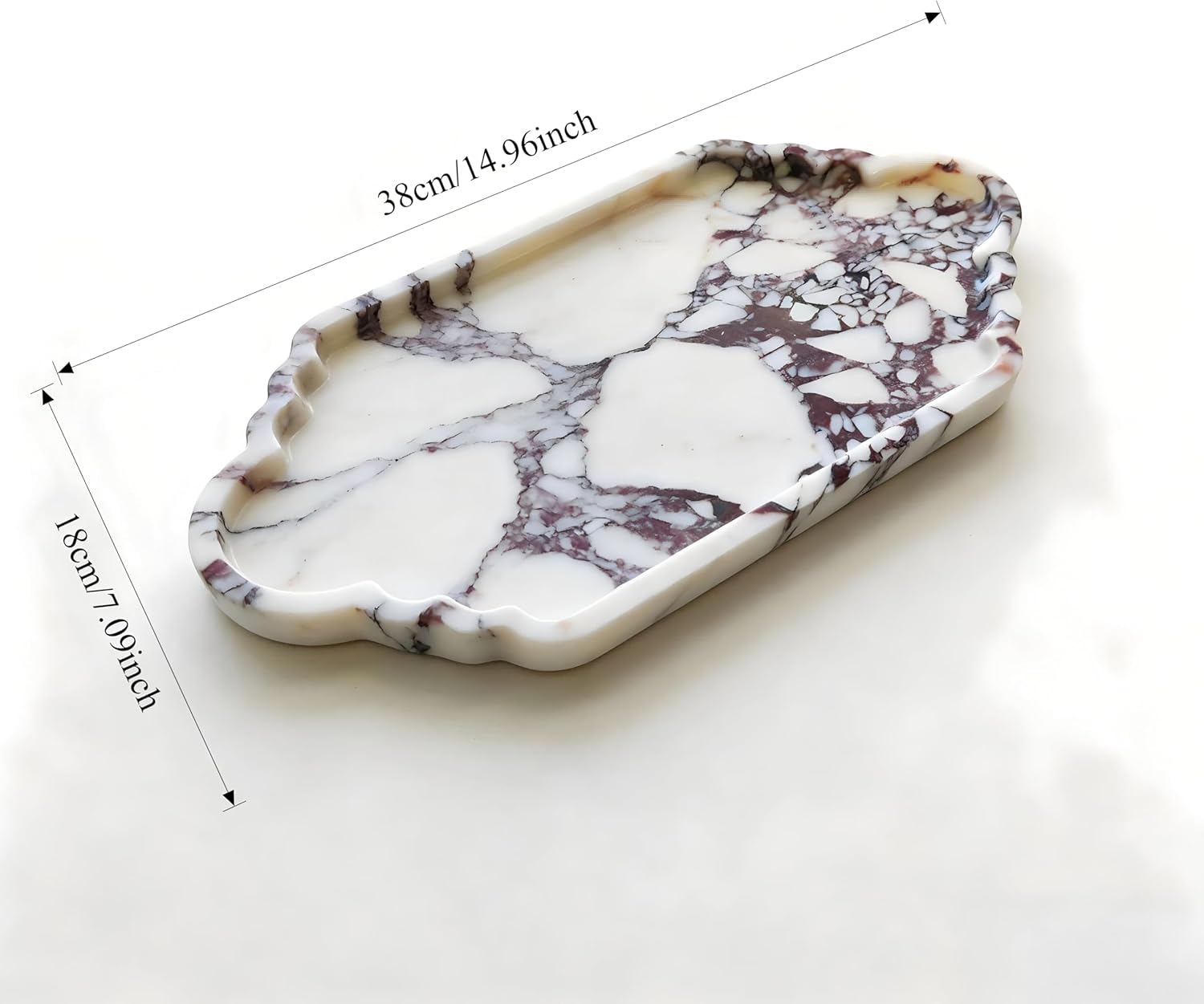 Decorative Marble Vanity Tray, Scalloped Edge Bathroom Countertop Organizer for Soap Dispenser & Perfume, White Stone Toilet Tank Tray (7.1"x13.4")