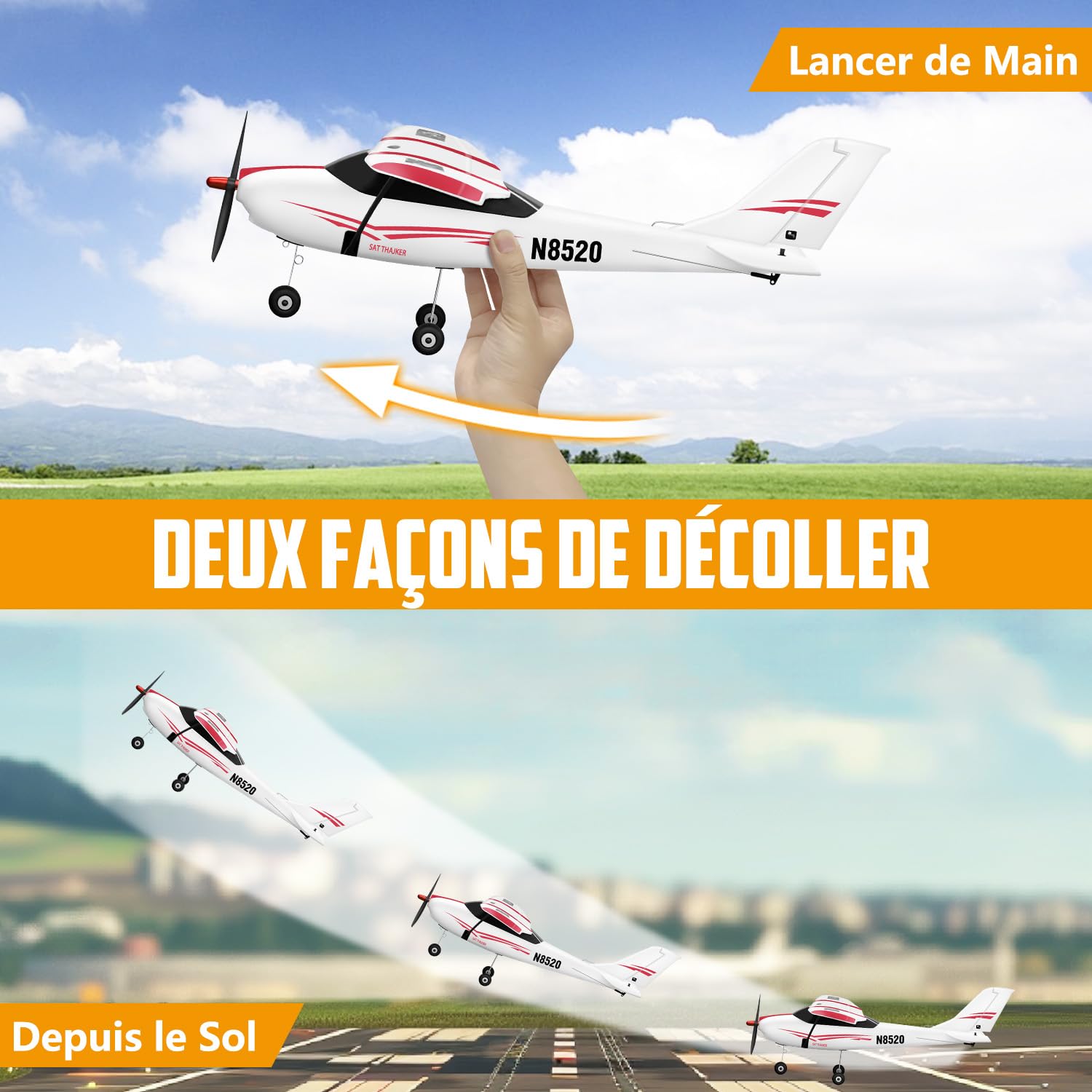 HAWK'S WORK Avion RC Cessna 530mm, Avion Télécommandé 4 Canaux RTF, Moteur sans Balais Gyro 6 Axes 3 Modes de Vol