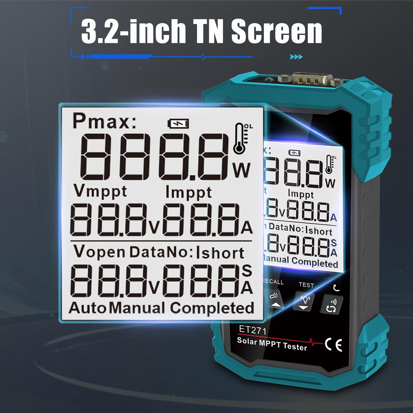 Tester solare da 1600 W, tester digitale portatile MPPT con modalità auto/manuale, tensione a vuoto, punto di potenza massimo (potenza/tensione/corrente), batteria da 1250 mAh