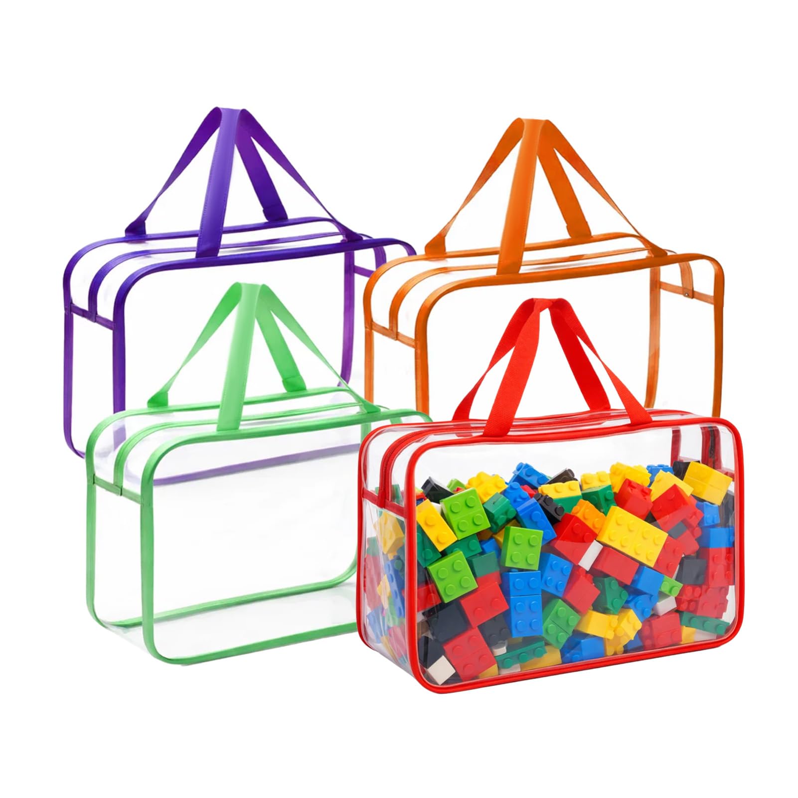 M.J COMFY-LIFE 4 Pack Clear Toy Storage Bags with Handle & ID Tags 12.2x9.06x3.94 Inch PVC Organizer Bags Reusable Transparent Travel Toiletry Bags for Building Blocks Puzzles Cosmetics Multicolor