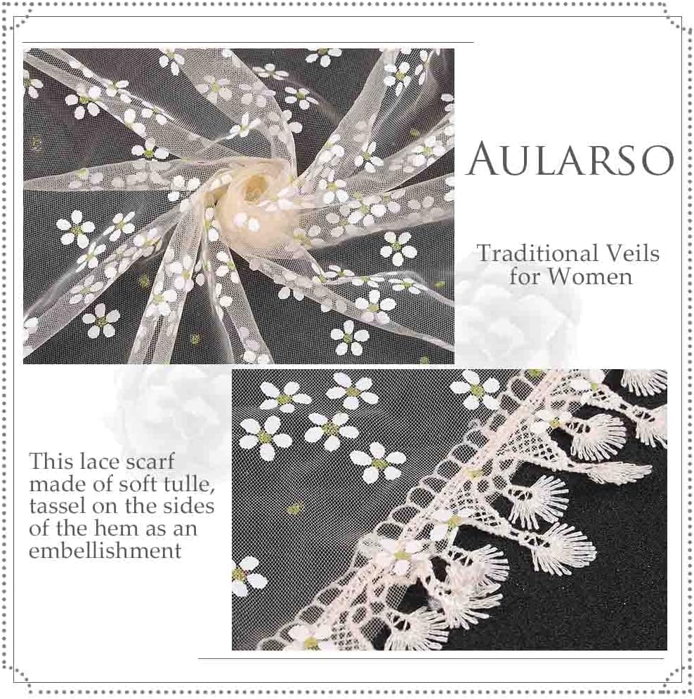 Floral Church Veils Lace Wedding Scarf Chapel Tassel Mass Tulle Head Covering Bridal Mantilla Veil for Women - Image 7