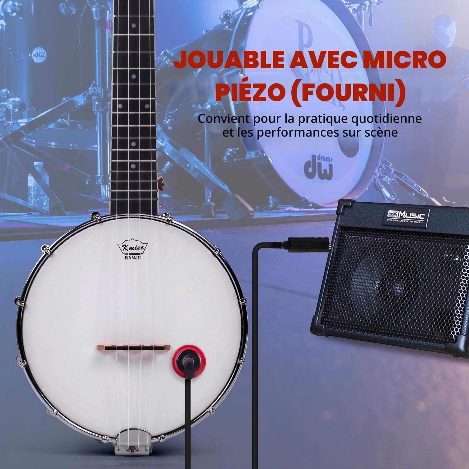 Kmise Ukulélé banjolele ténor 4 cordes 66 cm avec sac, accordeur, sangle, règle, clé à pont, jaune brunâtre