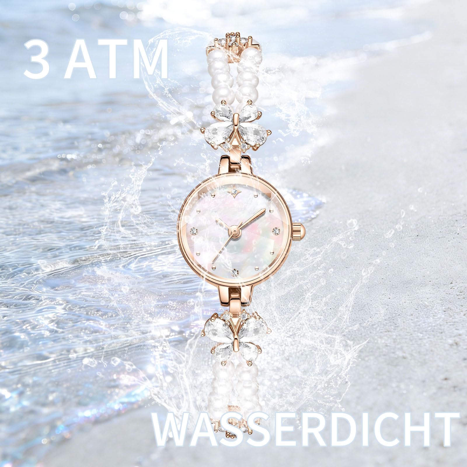 findtime Orologio analogico da donna, impermeabile fino a 3 ATM, rotondo, al quarzo, elegante, vintage, con perle, squisito orologio alla moda, da donna, con perline e strass