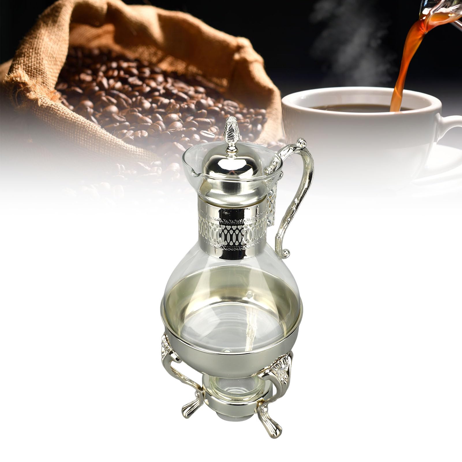 Vintage-Kaffeekannen-Set aus Glas mit Deckel und Tasse – Beheizbarer Heiß-/Kaltwasserkessel Zur Verwendung – Elegantes Golddesign (SILVER)