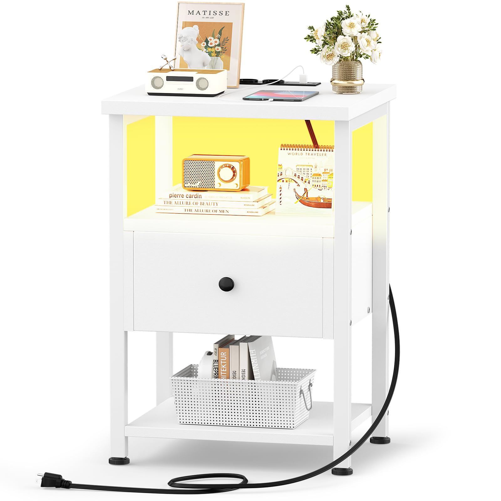 iSunirm Table de Chevet avec LED, Table de Nuit en Bois avec Station de Charge, Chevet avec Tiroirs en Bois, Meuble de Chevet pour Chambre et Salon, Blanc