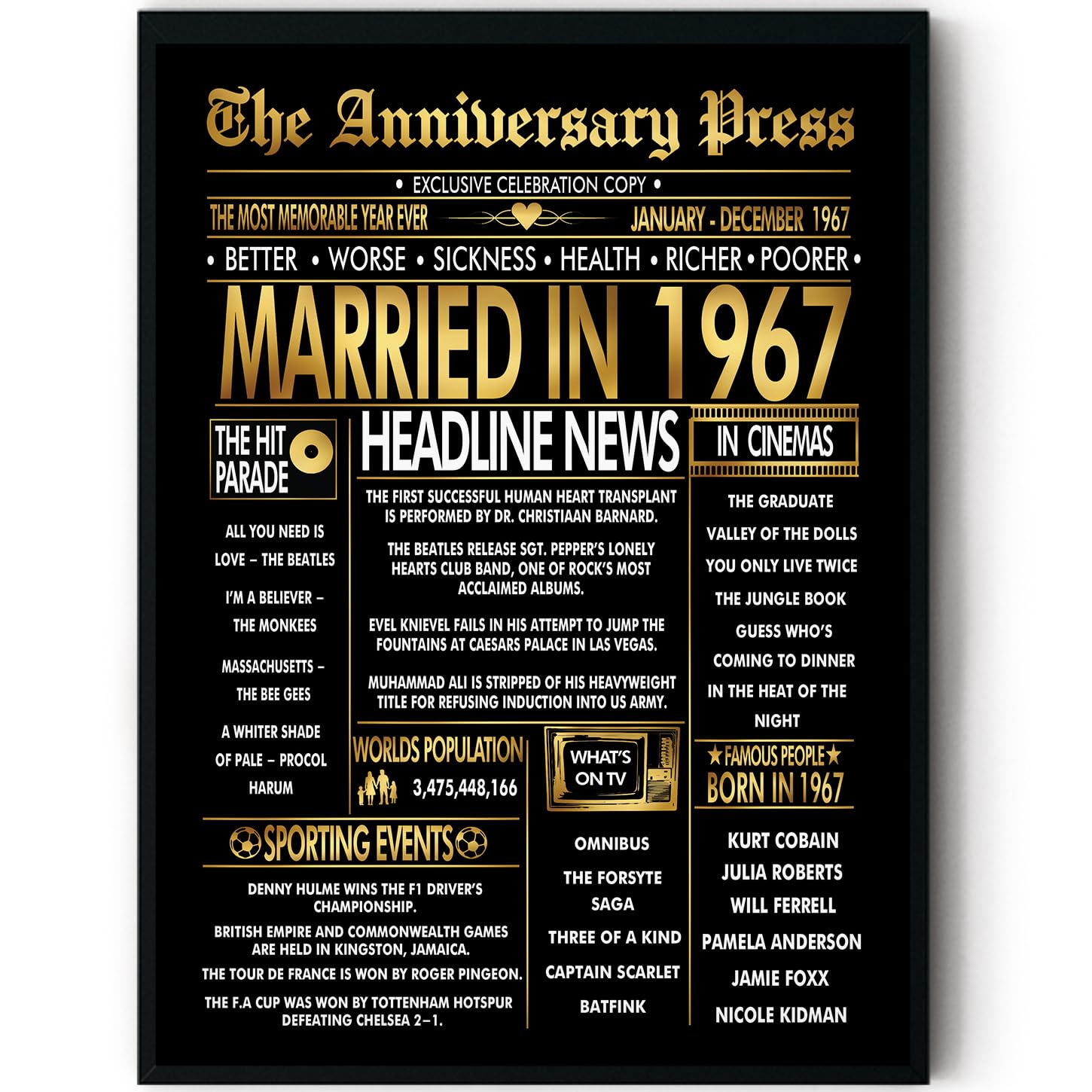 Stuff4 Men's 1967 Gold 59Th Anniversary Poster Framed - Golden Married In Newspaper - 59 Anniversary For Wo Retro Vintage Gifts Back In 8X10 Inch Bday Party Decor Decoration