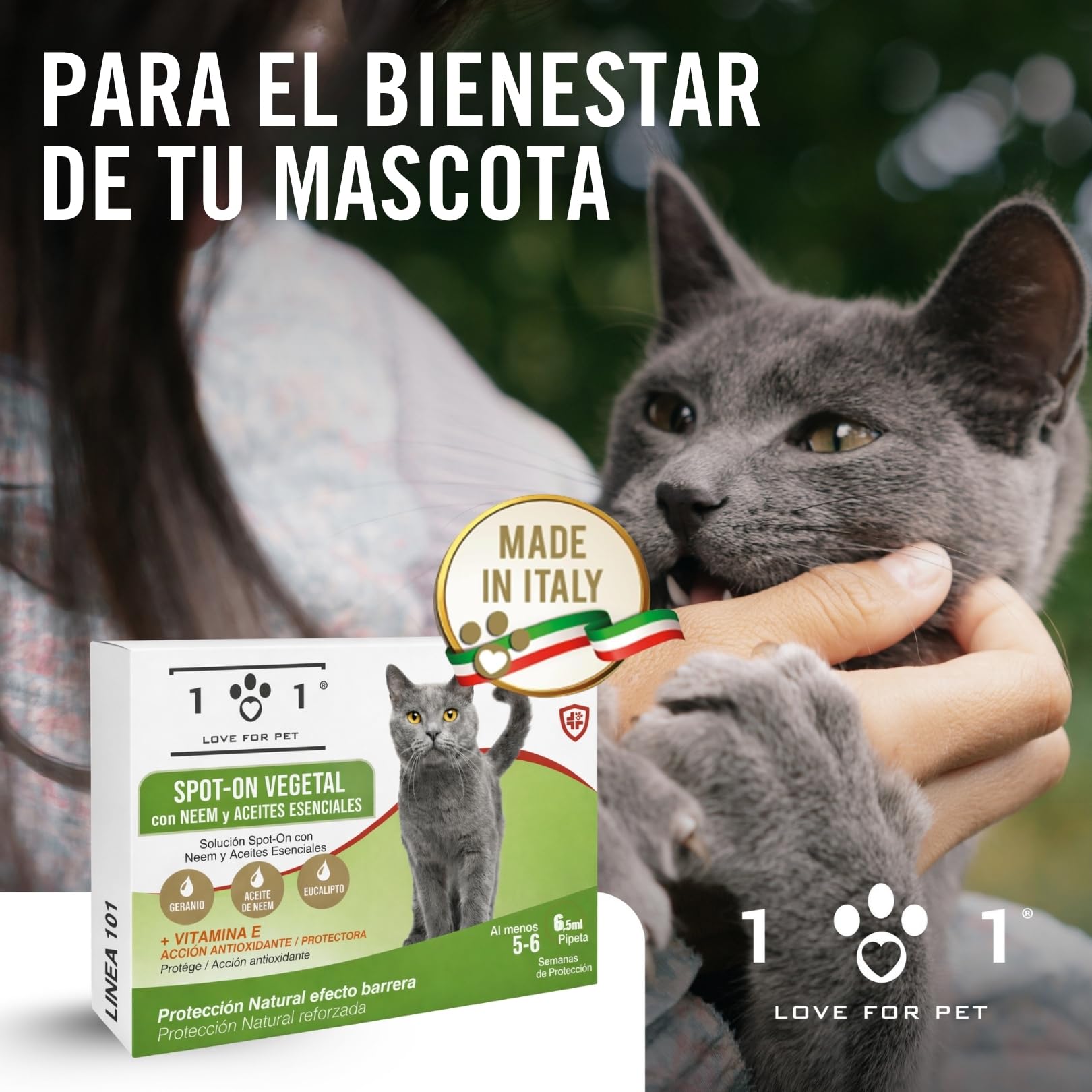 Pipetas Antiparasitarias Gatos 6 de 0,5ml Aantipulgas Gato contra Garrapatas y Mosquitos, Neem y Aceites Esenciales, Larga Duración