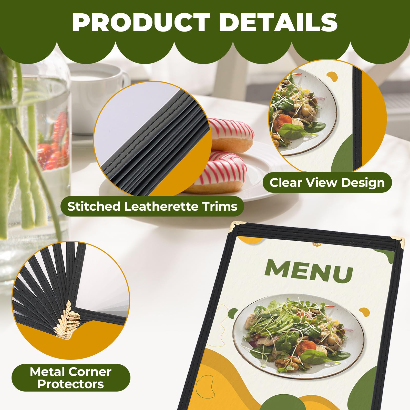 DASBET A5-Menühüllen, Restaurant-Menühalter, 1 Seite 2, transparente Menühüllen, schwarze Menüordner, transparentes Menübuch mit Metall-Eckenschutz, geeignet für Restaurants, Bars, Cafés (10, 1 Seite