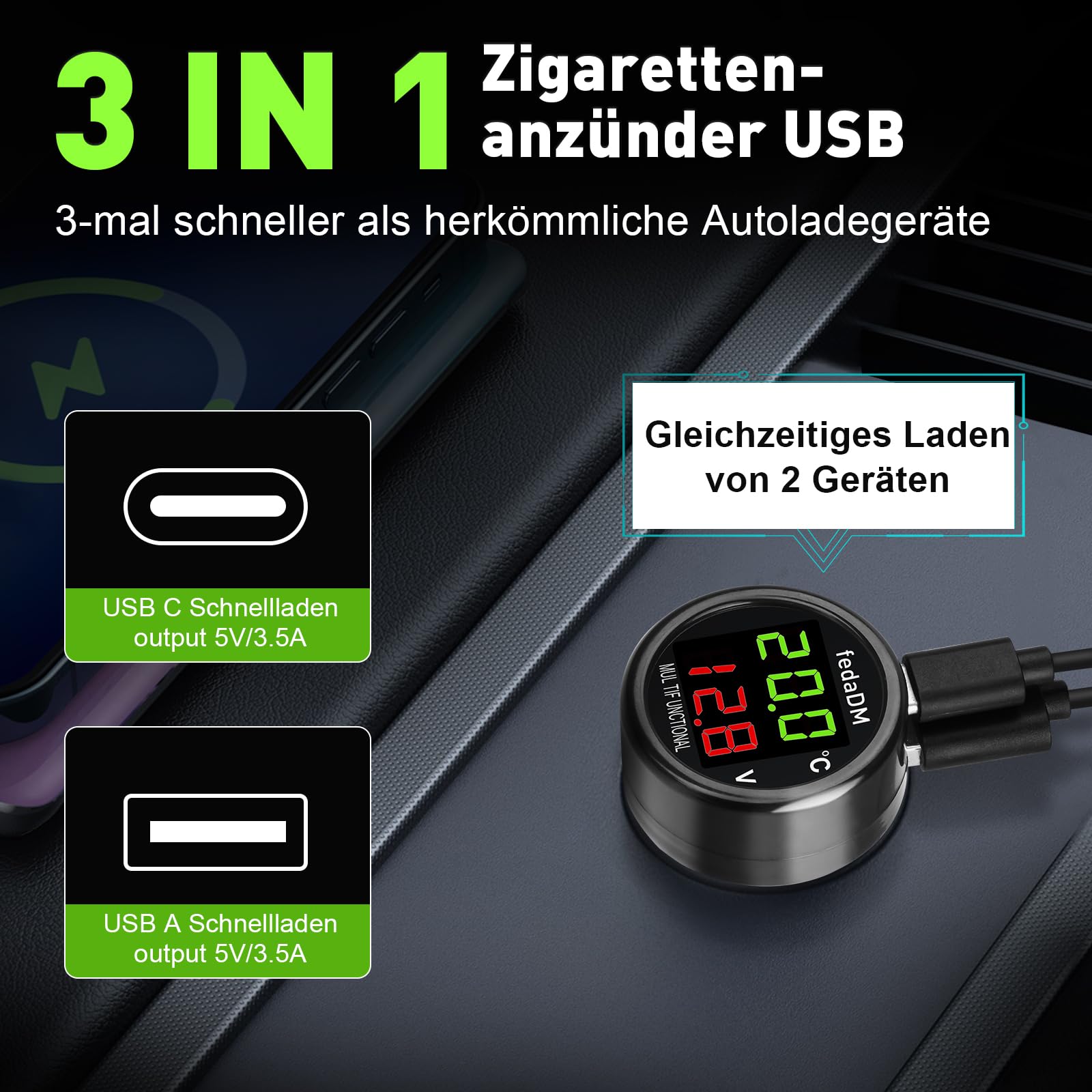 3-w-1 USB C ładowarka samochodowa, cyfrowy woltomierz samochodowy, termometr, 30W PD&QC USB zapalniczka, ładowarka, DC 12V 24V kontroler baterii, do samochodów osobowych, ciężarówek, autobusów