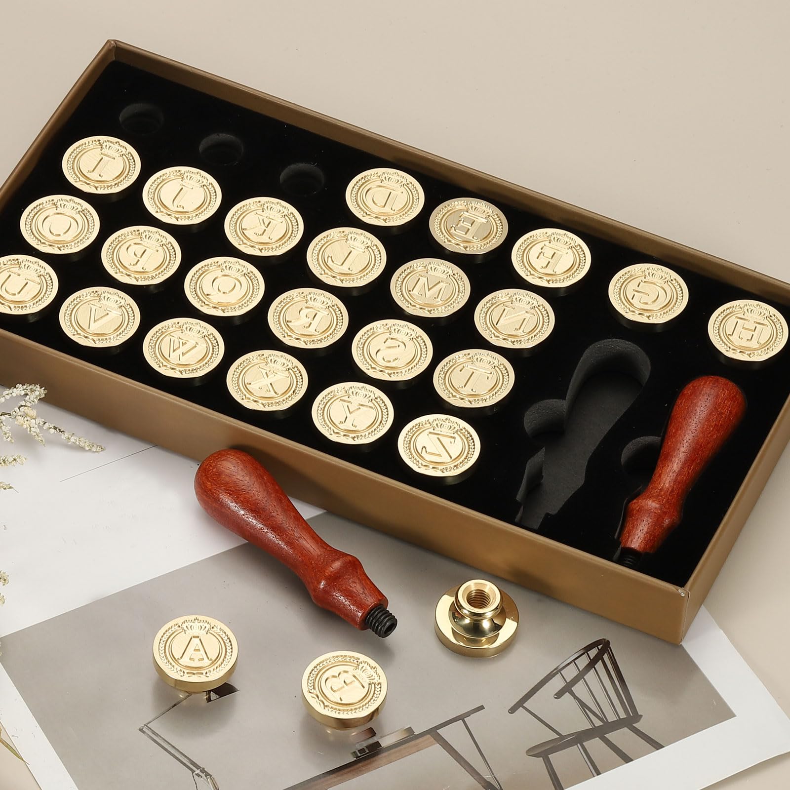 PATIKIL 26 Letters A-Z Alphabet Wax Seal Stamp Kit, Vintage Sealing Stamp with 2pcs Wooden Handles Gift Box for Wedding Invitation, Party, Gift Wrap, Envelope Card, Style 5 - Image 4