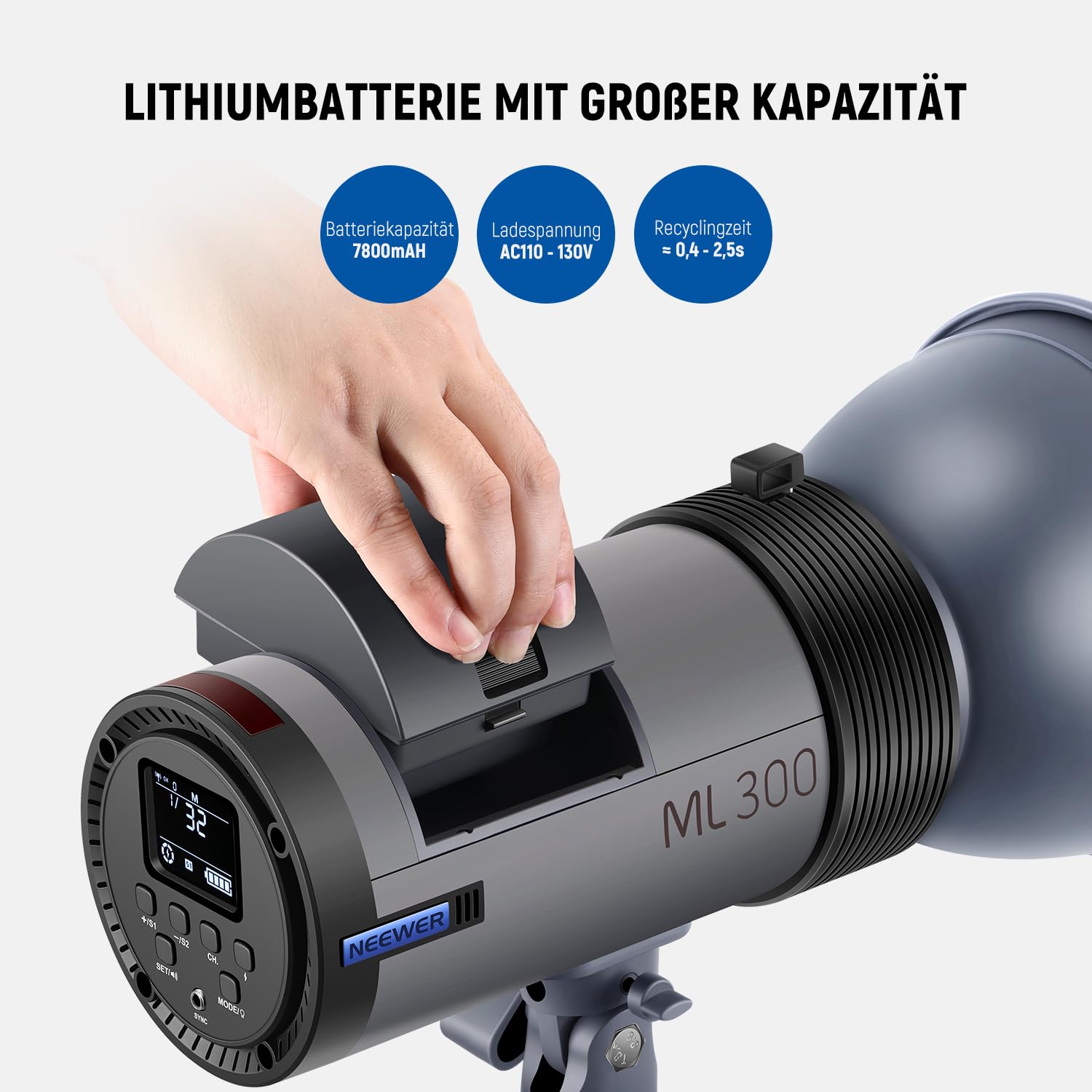 NEEWER ML300 300W GN60 im Freien Studioblitz-Li-Ion-Batteriebetriebenes Monolight mit 2,4GHz Funkauslöser, 1000 Blitzen mit voller Leistung, 0,4-2,5s Ladezeit, Bowens-Halterung, 2er-Pack Li-on-Akku