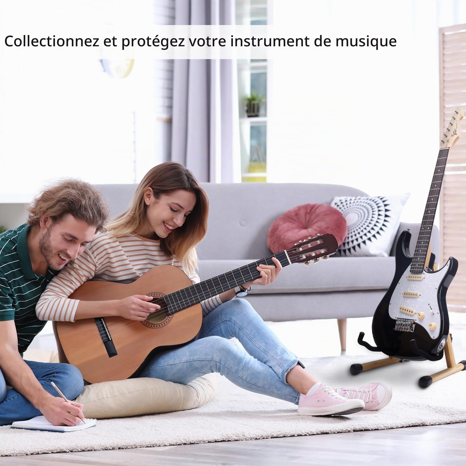 Support de guitare acoustique avec mousse rembourrée, support de guitare électrique classique, support pliable en A, compatible avec mandoline, basse, banjo, ukulélé (palissandre)