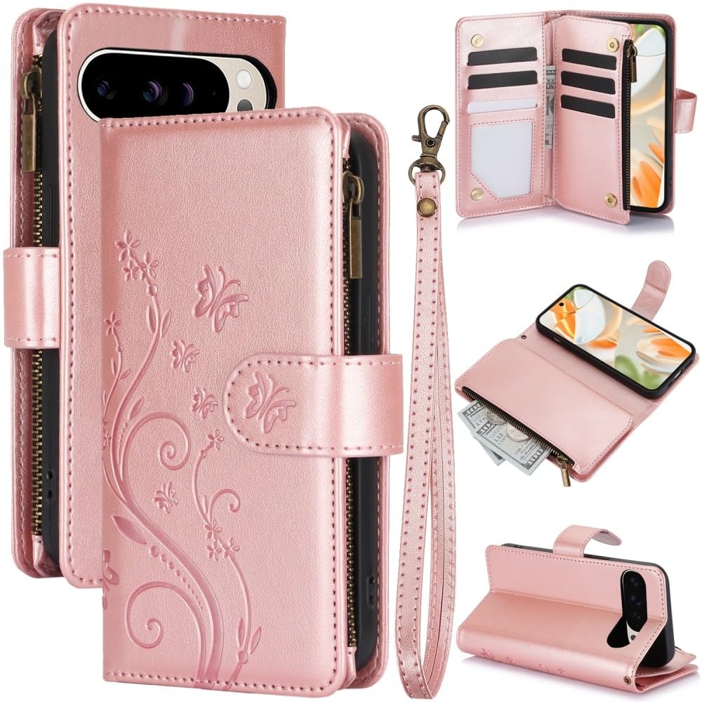 Étui portefeuille Google Pixel 9 Pro or rose chic avec fermeture éclair - 8