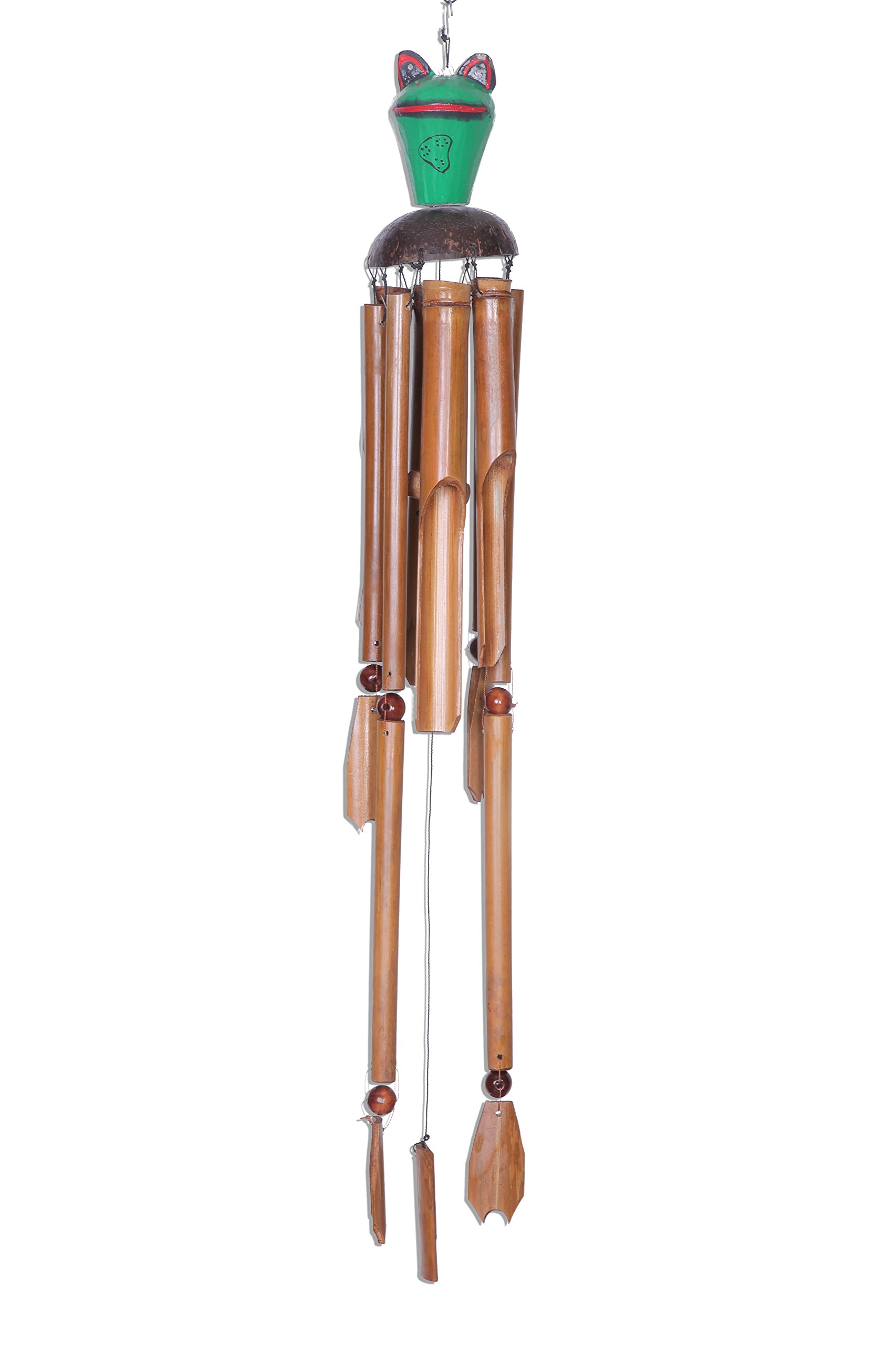 Premium 80 cm Wind Chime Wood Feng Shui Carved Coconut Frog Bamboo Cane