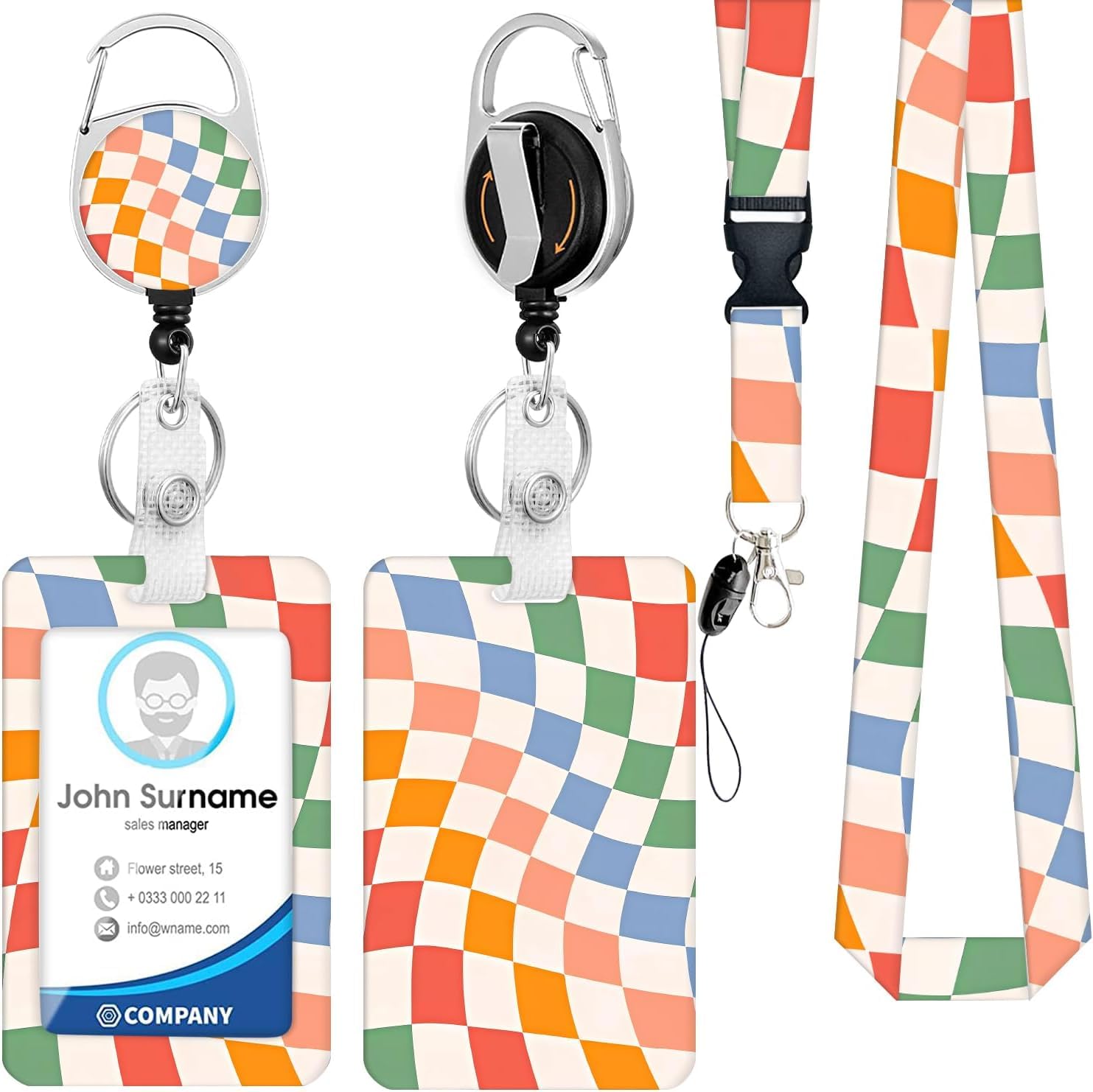 Colorful Checkered Lanyards for ID Badges, Funny ID Badge Holder with Breakaway Lanyard Retractable Badge Reel, ID Card Holder Keychain Name Badge Clip for Teacher Nurse Student Office