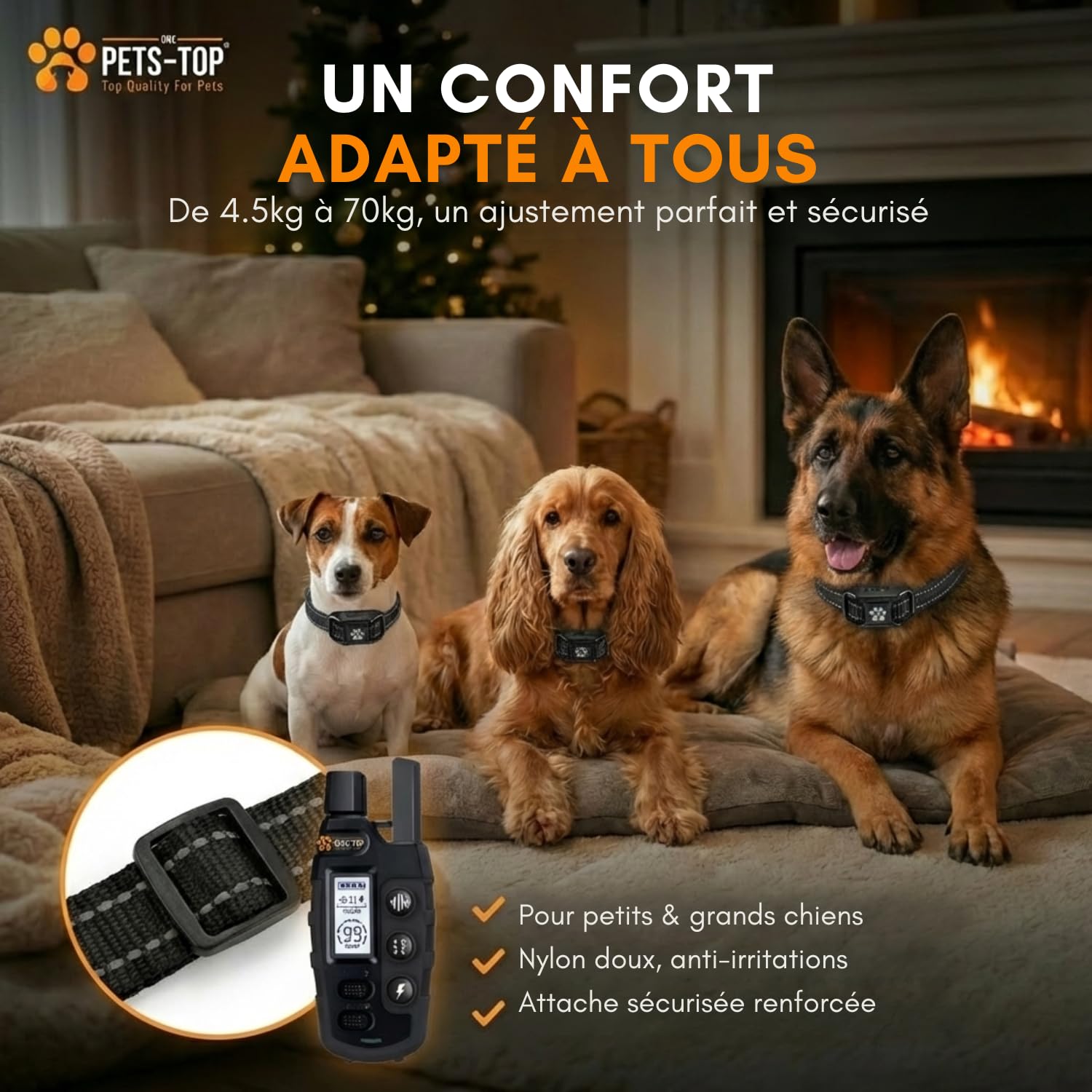 One PETS-TOP Collier de Dressage Chien – Collier Anti Fugue Étanche IPX7 avec Télécommande – 3 Modes : Bip, Vibration, Stimulation Electrostatique – pour Chiens de Toutes Tailles (Pack 1 Chien)