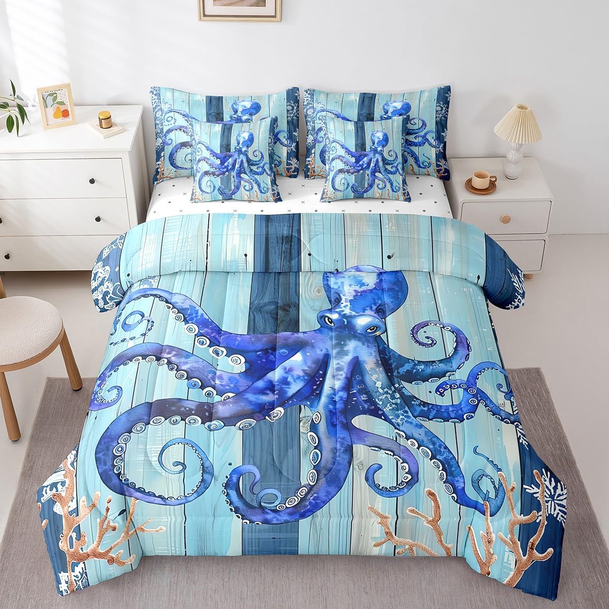 Erosebridal Ocean Octopus Tentacles Bed in a Bag Queen Comforter Set 7 Piece,Under Sea Coral Reptile Bedding Sets Nautical Sea Animal Sheet Set with Comforter,Blue