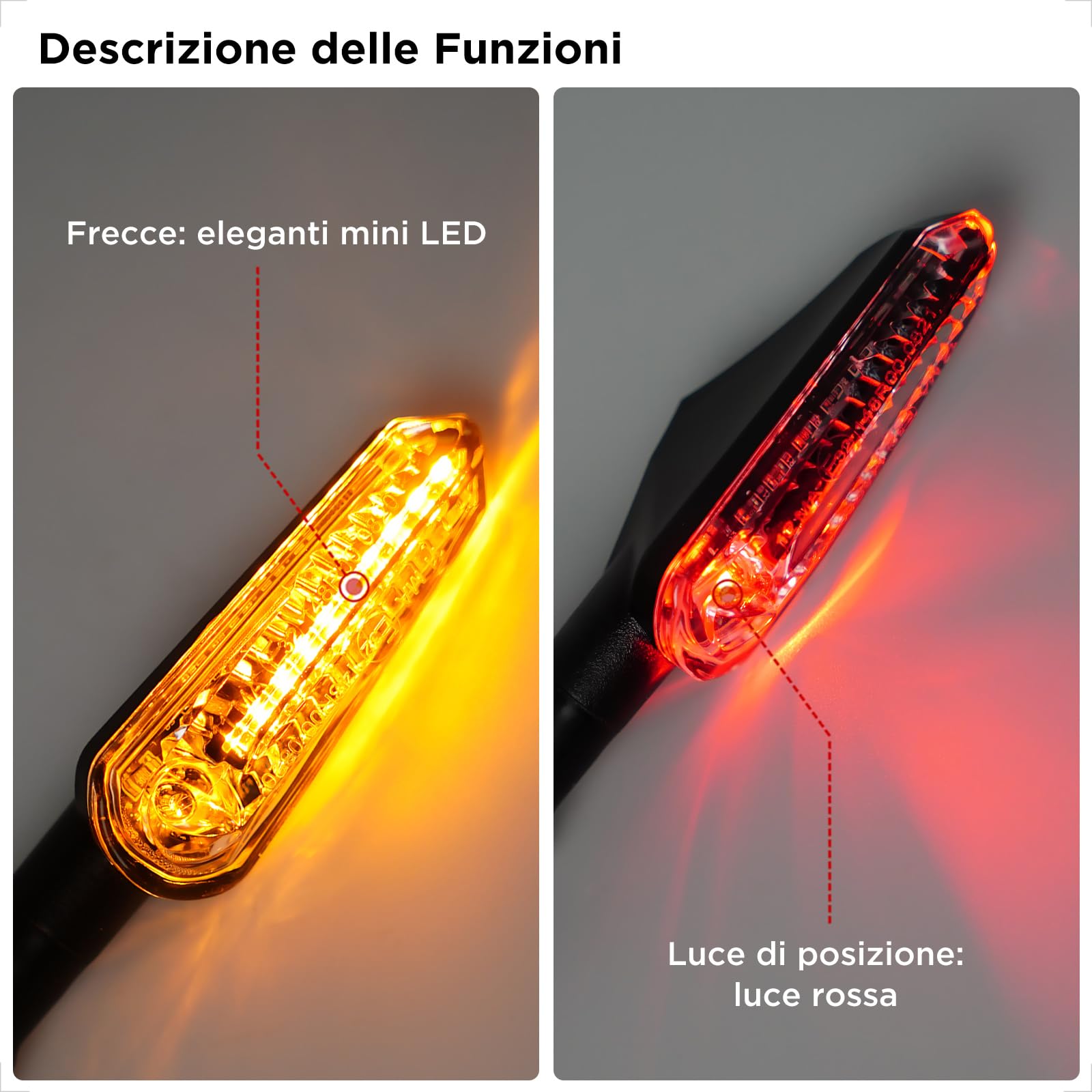 evermotor Frecce Moto LED Sequenziali E32 Omologate, Universali 12V Indicatori di Direzione Moto, Frecce Omologate Impermeabili, Alta Luminosità, Ambra e Rosso, 2 Pezzi