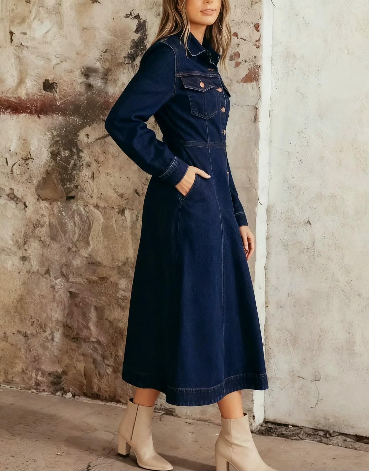 Vestito Elegante Abito da Donna in Denim con Cintura, Manica Lunga Pulsante Anteriore Midi Casual per Ufficio E Giornaliero-nz-008blue-s