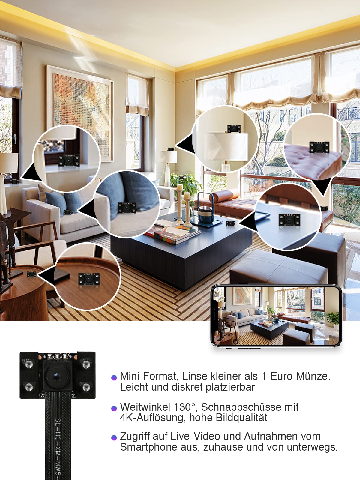 HiKam Mini Kamera WLAN 4K HD, 2600mAh Akku, Kleine Überwachungskamera Live Übertragung Handy APP Für Innen IP WiFi hundekamera Kompakte Microkamera Bewegungsmelder Nachtsicht aufzeichnung, MW5 Plus