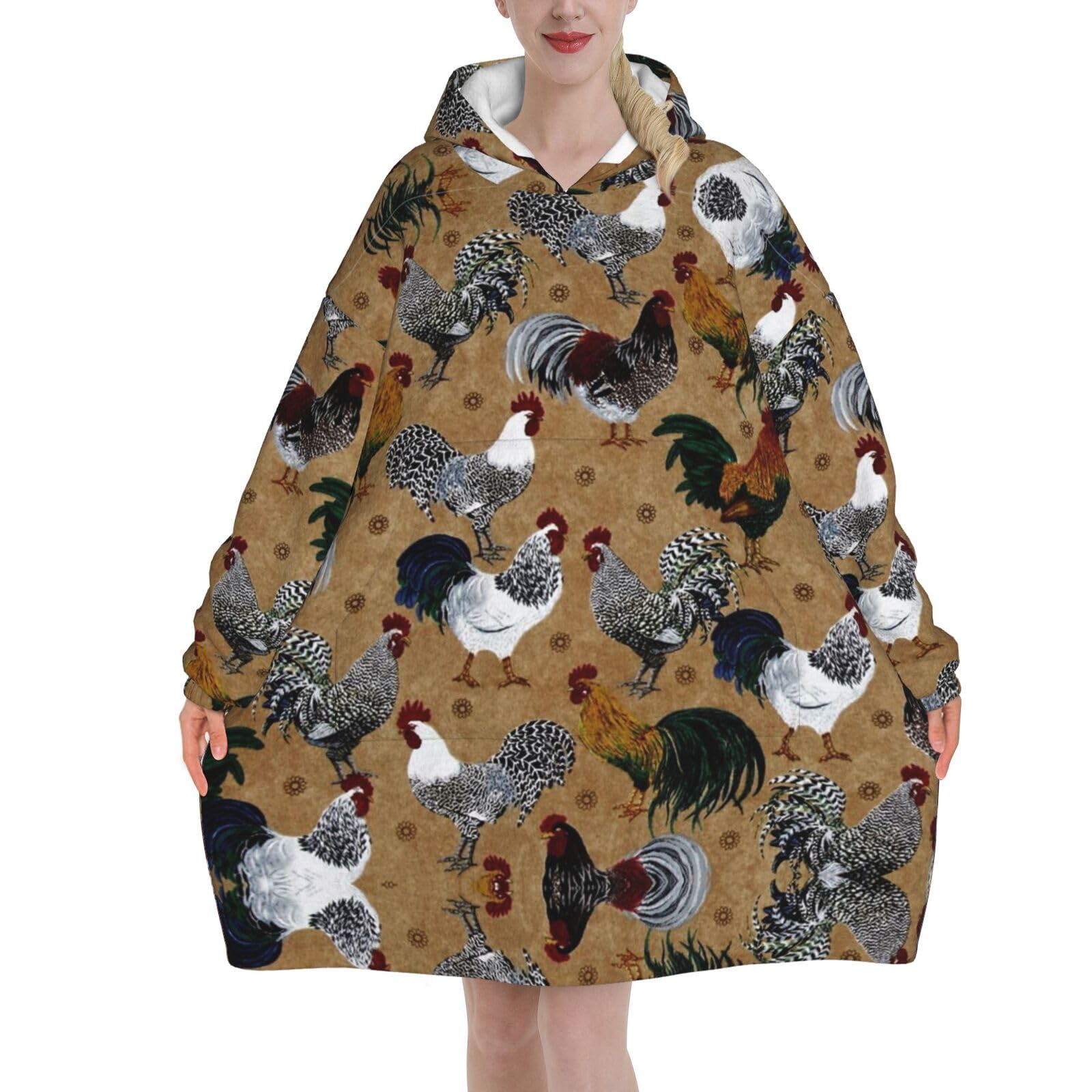 Jmorco Rooster And Chicken Print Blanket Hoodie Oversized Wearable Hooded Blanket Warm Throw Blanket Sweatshirt For Women Men Teens 280g Flannel