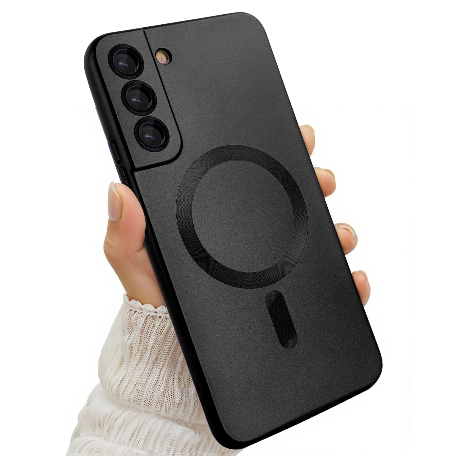 Amzfield Magnetic for Samsung Galaxy S22 Plus Case for Women Men Girls [Compatible with MagSafe] [Camera Lens Protector] Matte Cute Slim Soft Silicone Bumper Shockproof Metallic Phone Case, Black