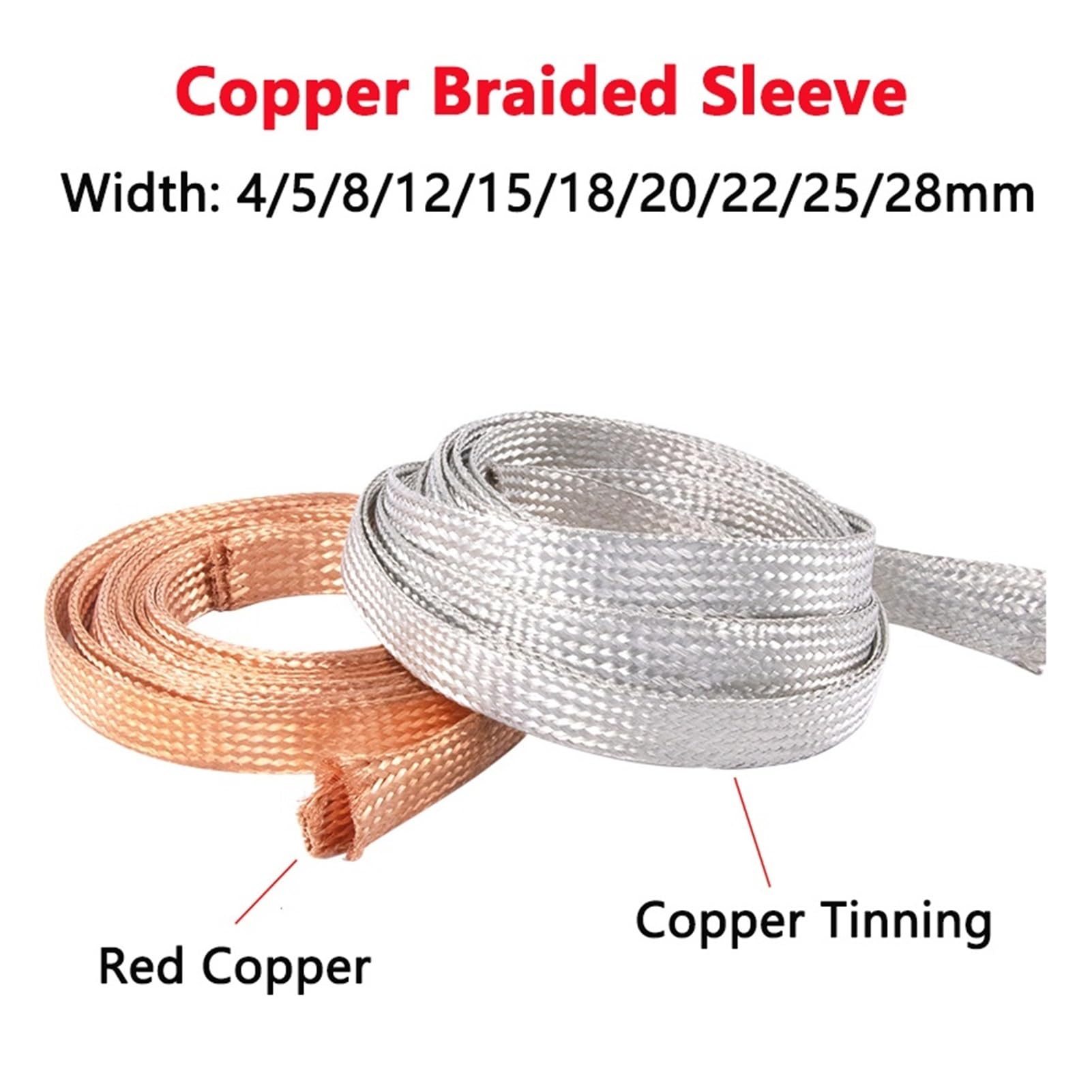 Płaski pleciony kabel miedziany, 1-5 metrów, szerokość tulei 4, 5, 8, 12, 15, 18, 20, 22, 25, 28 mm, rozszerzalna metalowa osłona, ekranowany przewód sygnałowy, ekranowany (czerwona miedź, 26 mm, 35