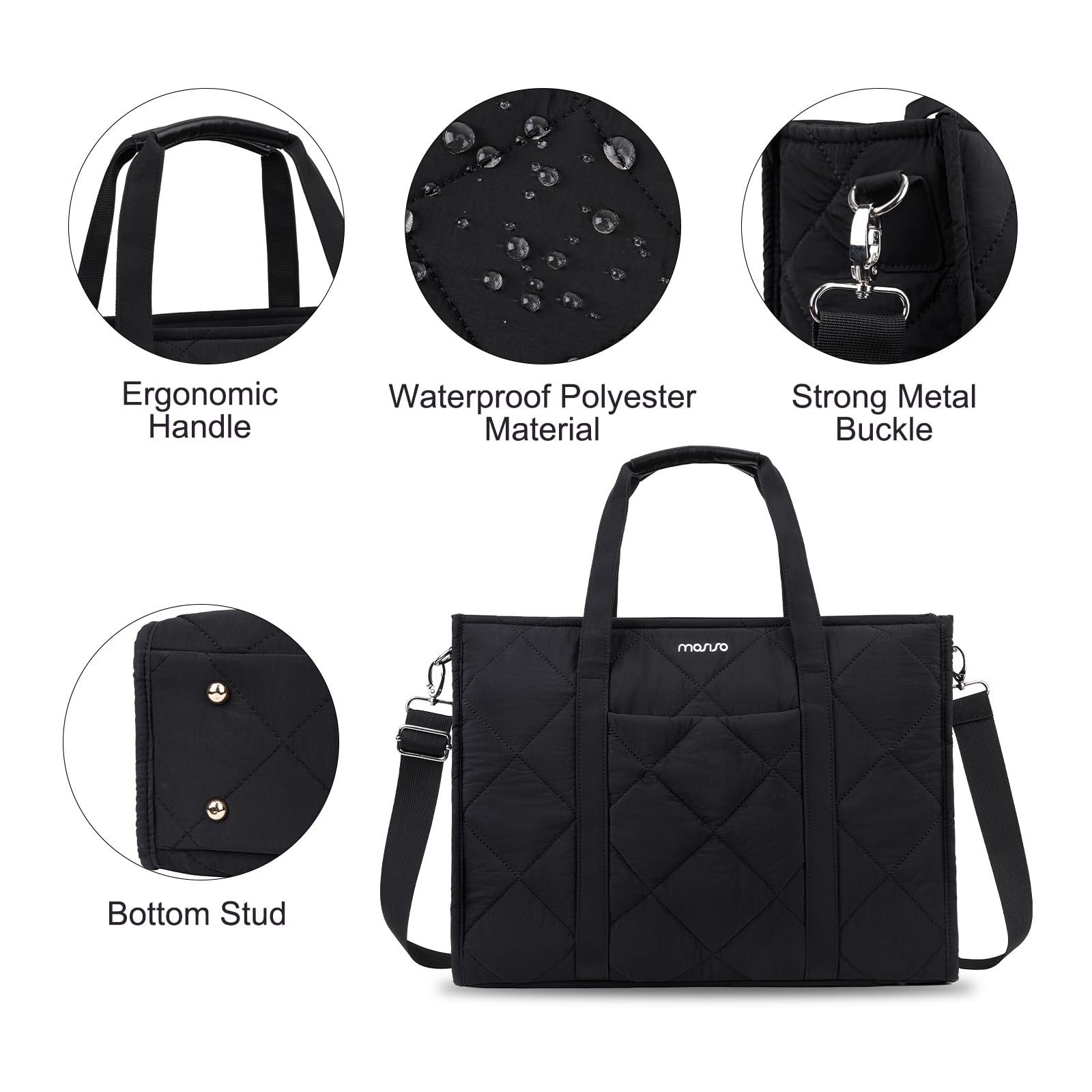MOSISO Tote Acolchado Portátil para Mujer, Bolso Portátil 15-15,6 Pulgadas | Bolsos Trabajo Gran Capacidad Bolsos Hombro Ligeros e Informales con Portavasos para Profesores Oficinas y Viajes, Negro