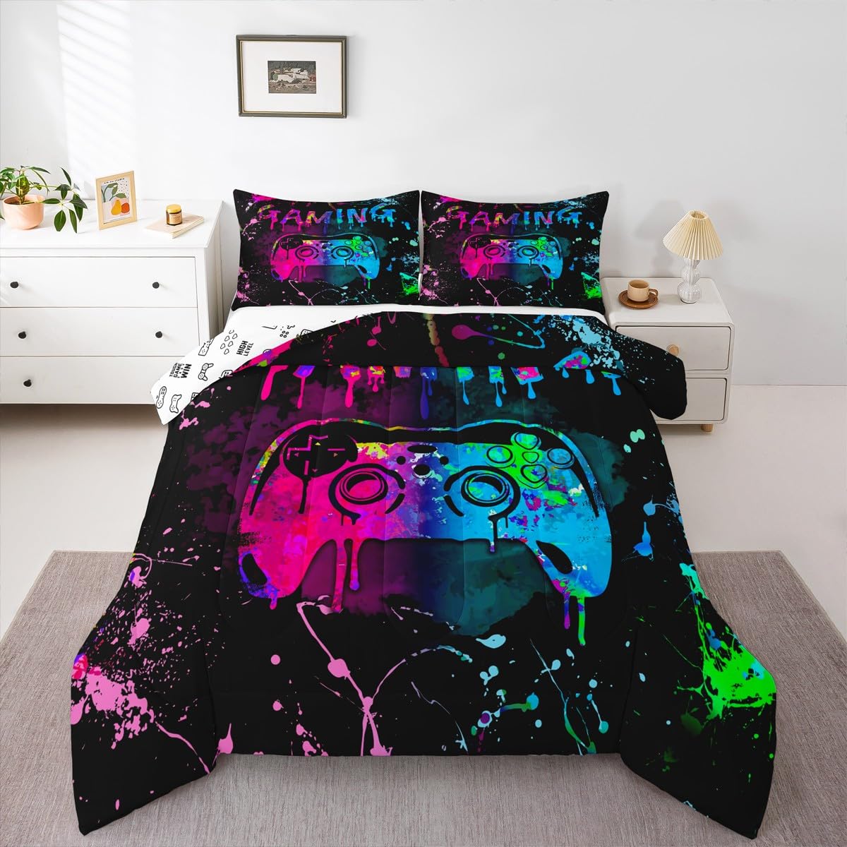 Erosebridal Gaming Comforter Sets for Boys Queen Size,Gamer Bedding Sets for Boys Girls Teens Gamer Room Decor,Video Game Console Gaming Bedding Set