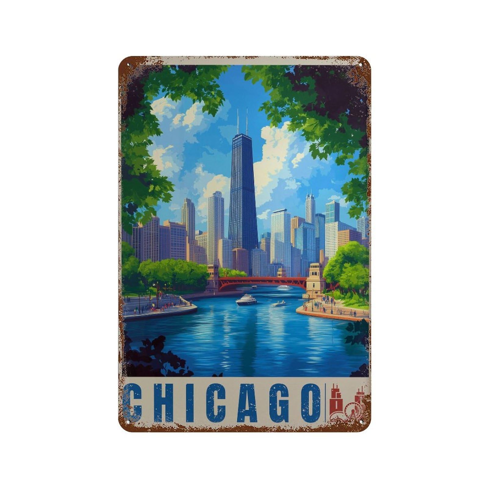 xiaoxiaoshen Chicago Travel Illinois Cityscape (2) Wall Decor Art Metal Tin Poster Modern Home Decor Art Home Bar Shop Decorations Vintage Sign 30x20cm