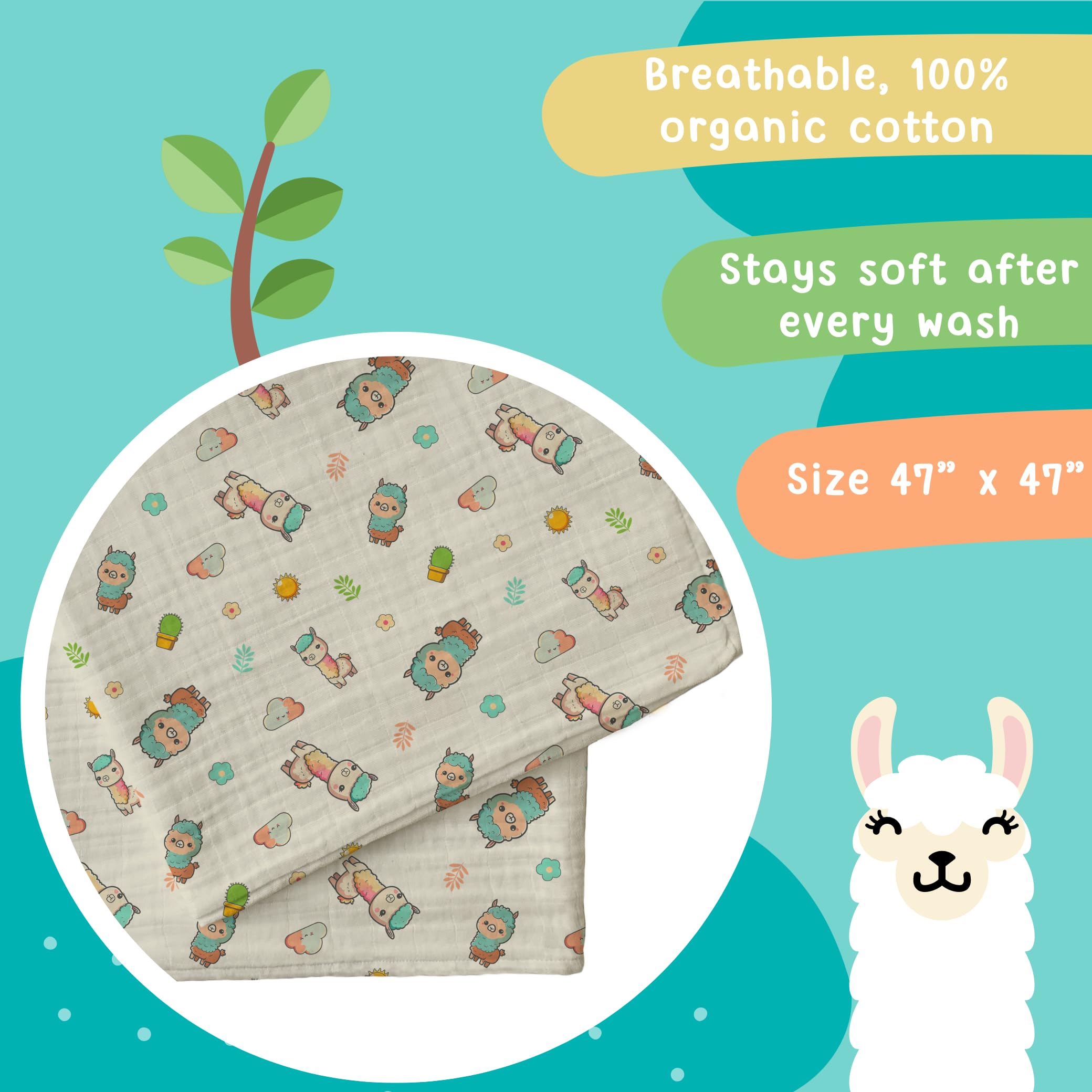 hugs & llamas Mantas de muselina de algodón 100 % orgánico, manta unisex para envolver, extra suave, para recién nacidos y bebés, lavable a máquina, 47 x 47 pulgadas (llama cariñosa)