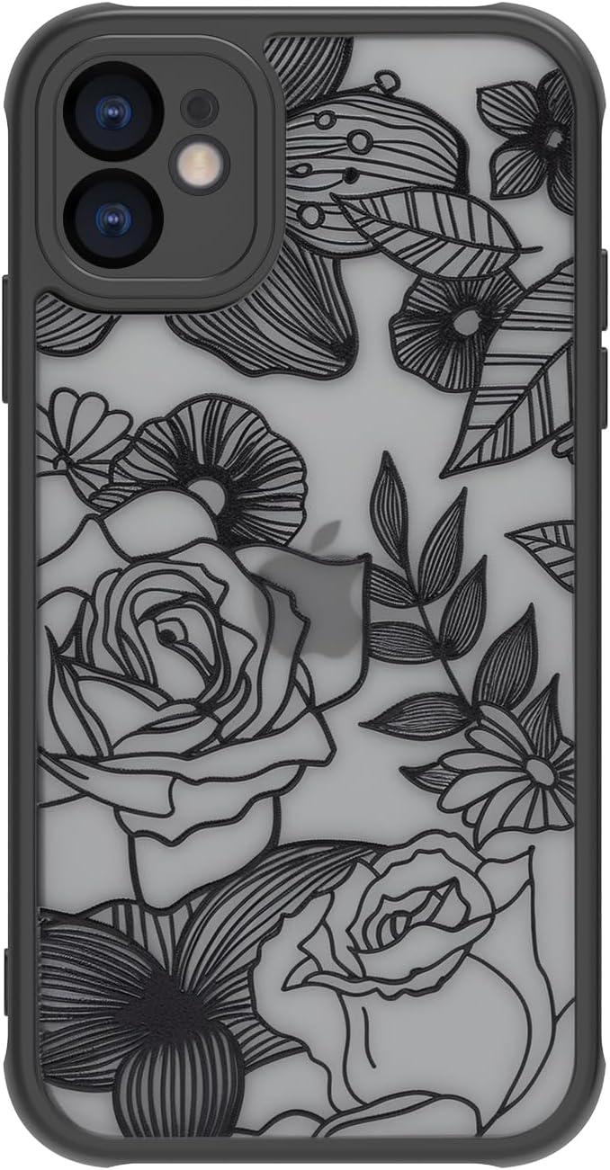 Dumkery Cute Flower Case Compatible with iPhone 11 Case, Rose Aesthetic Black Line Art Floral Pattern Print, Slim Fit PC and TPU Full Protection Shockproof Cases Cover for Girls Women