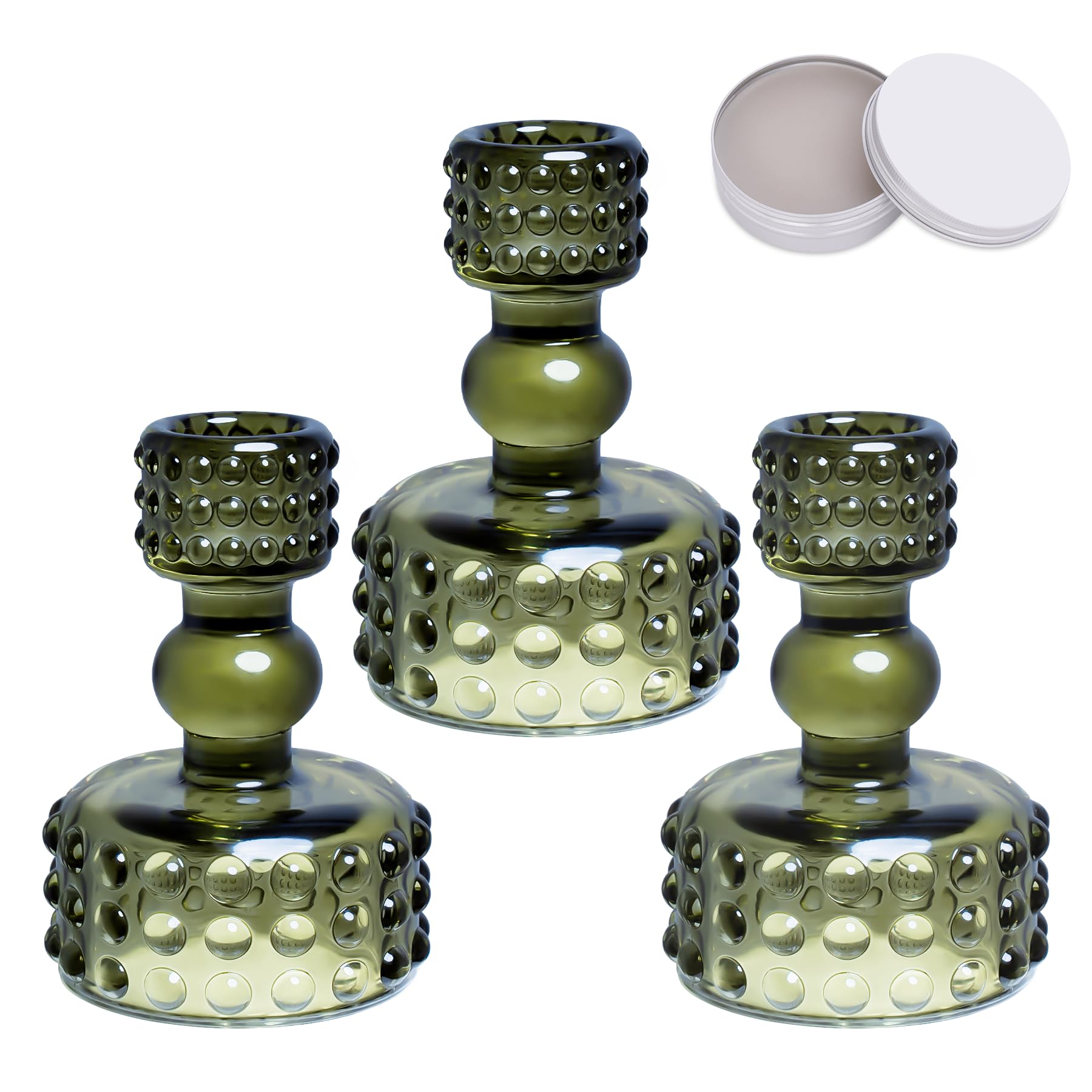 Toptime Candle Holders Set of 3, Raised Dot Glass Candlestick Holders with Adhesive Wax, Green Reversible Taper & Tea Light Holder, Vintage Taper Candle Holder for Christmas Table Centrepiece Brithday