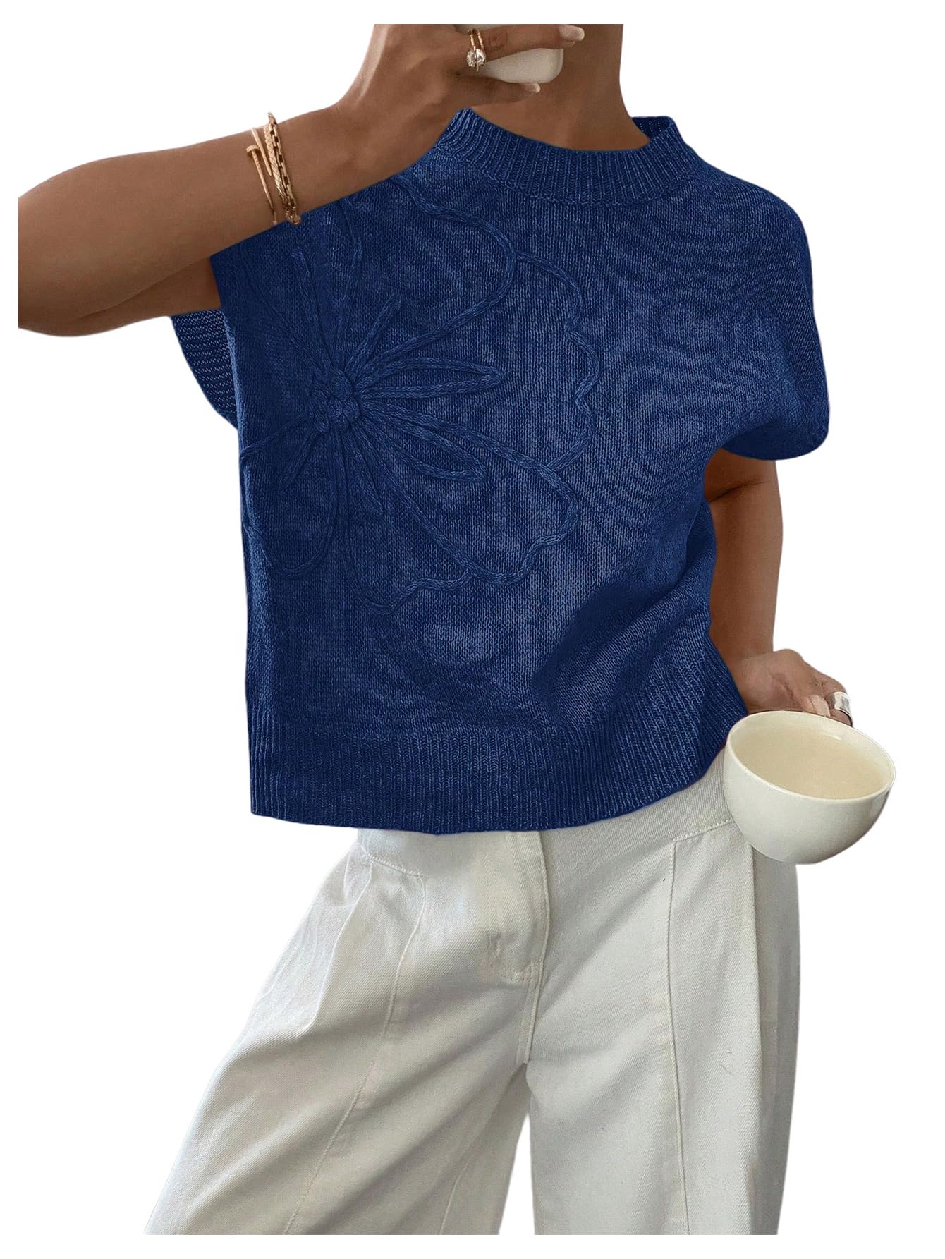 SOLY HUX Women's Short Sleeve Sweater 3D Floral Sweaters Pullover Tank Tops Knit Vest Trendy Fashion Clothing