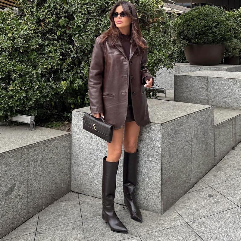 Modatope Knee High Boots Kitten Low Heel Faux Leather Pointed Toe Side Zipper Fall Long Tall Boots for Women - Image 2