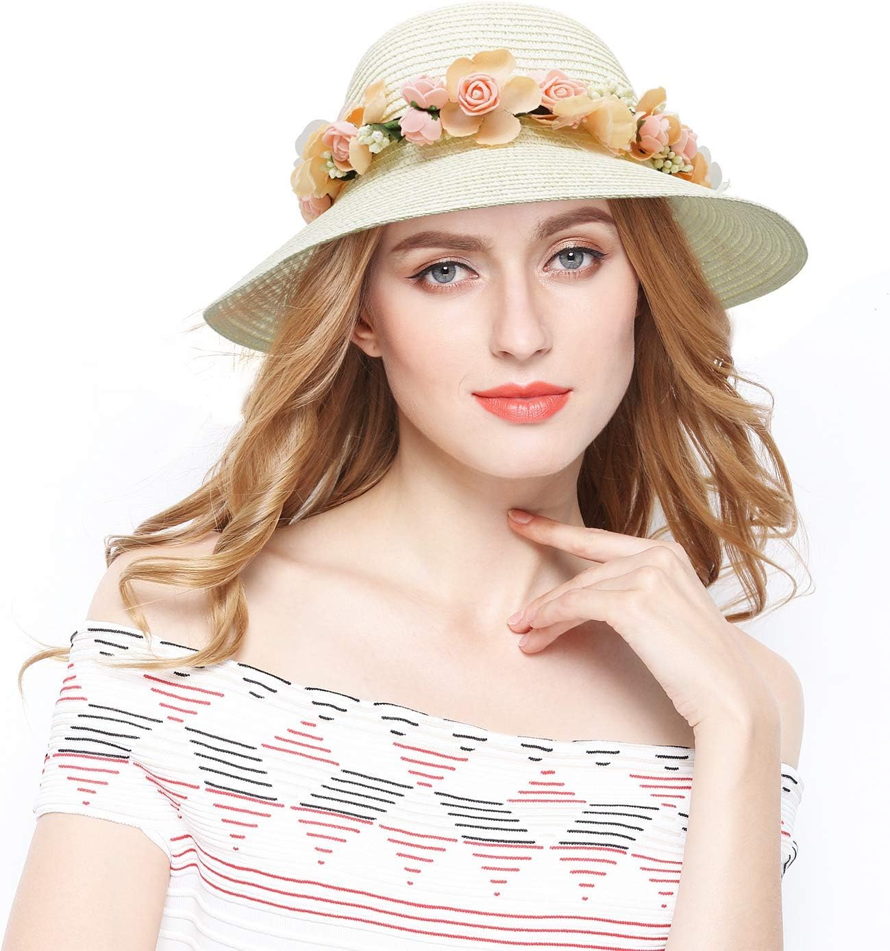 LovfulFashion Flower Lace Ribbon Wide Brim Caps Summer Beach Sun Protective Hat Straw Hats for Women