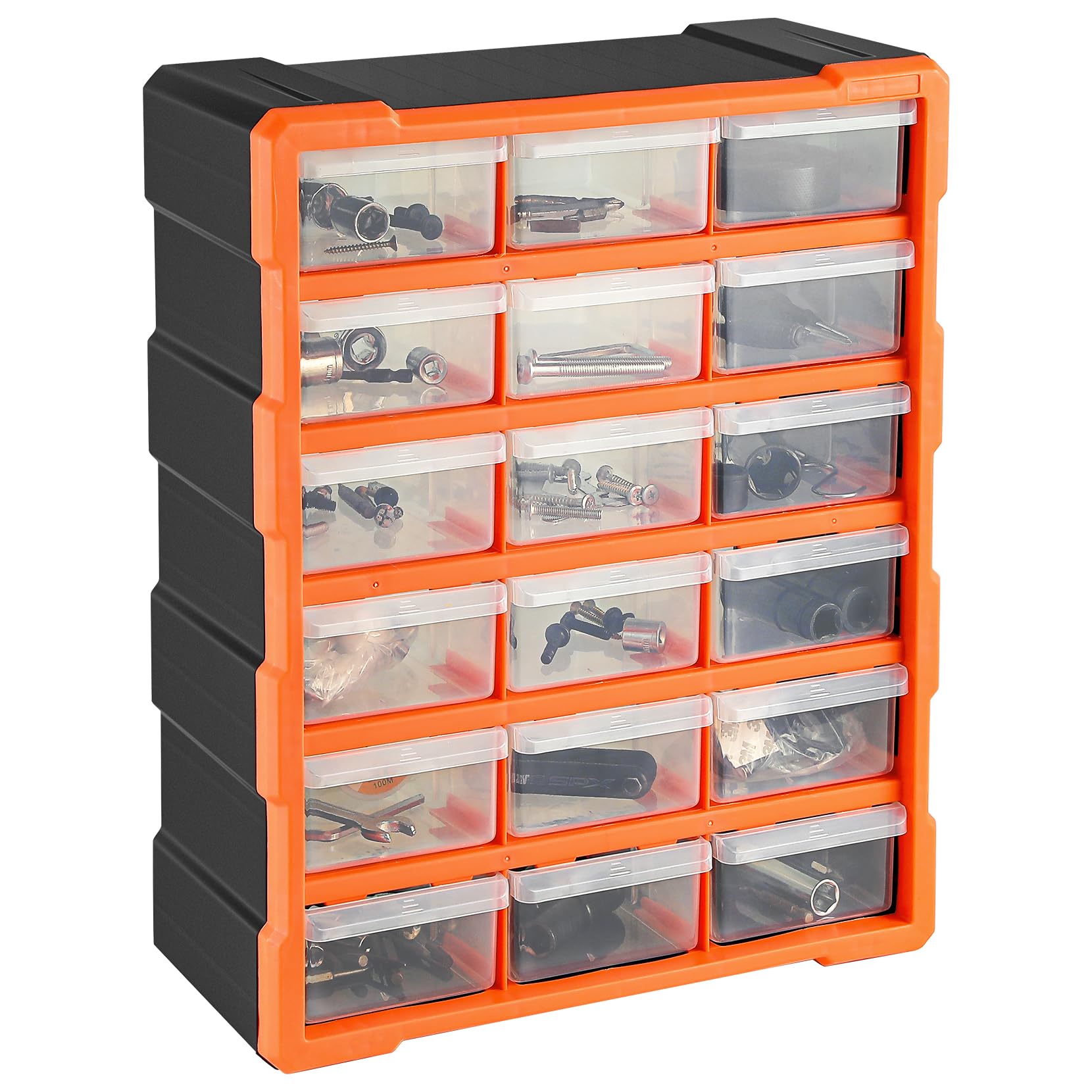TOTEBOX 18PCS Multi Drawer Tool Bits Storage Organiser, Plastic DIY Craft Cabinet Storage Cabinet Box for Screws, Nuts, Small Parts Hardware Wall Mounted or Free Standing Orange