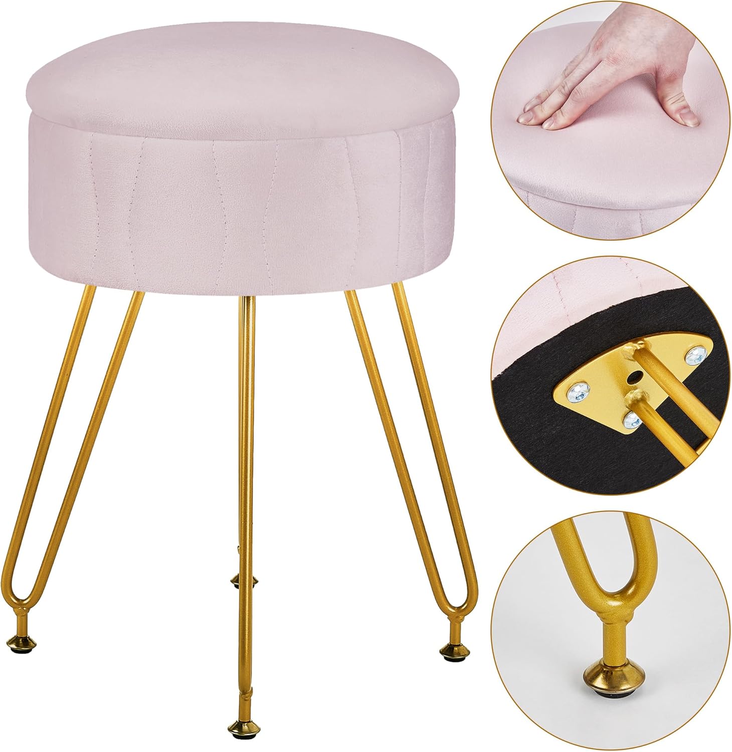 VECELO Vanity Stool with Storage, Velvet Chair for Vanity, Strong Metal Legs, Anti-Slip Feet, Padded Seat for Make Up, Bedroom, Living Room, Entryway, Pink