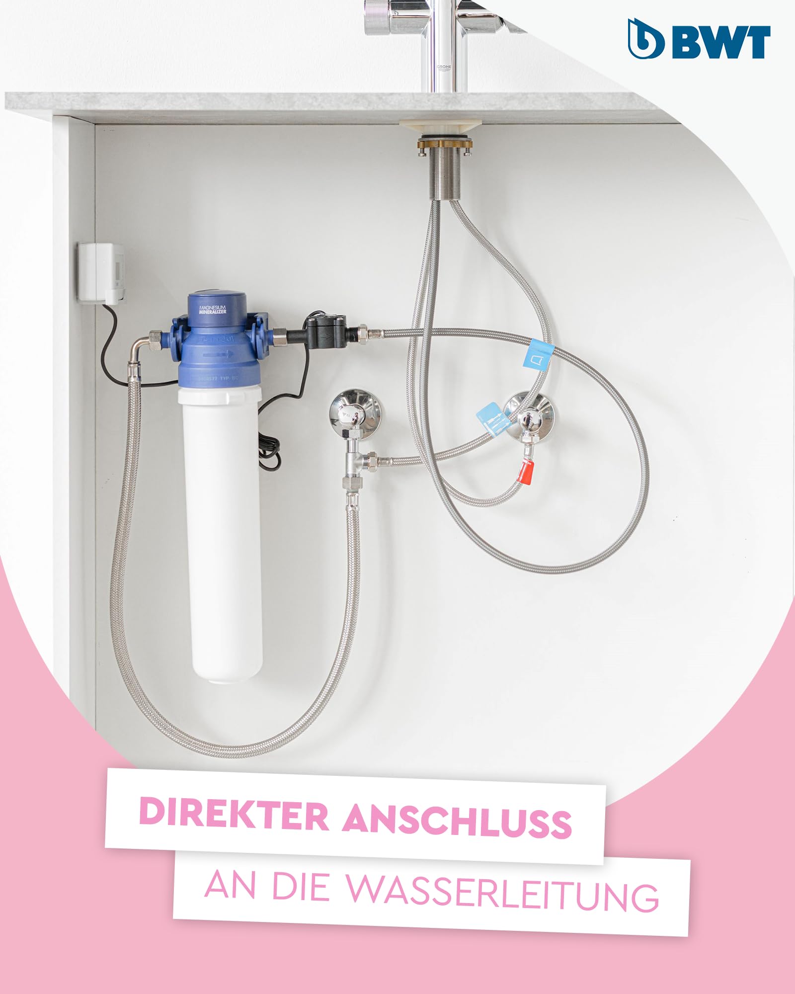 BWT Wasserfilter Wasserhahn AQA drink Pure 2.0 inkl. Filterkartusche "Protect" (Kalkschutz) | filtert Chlor & Kalk | schützt Haushaltsgeräte | Untertisch Trinkwasserfilter System inkl. Armatur