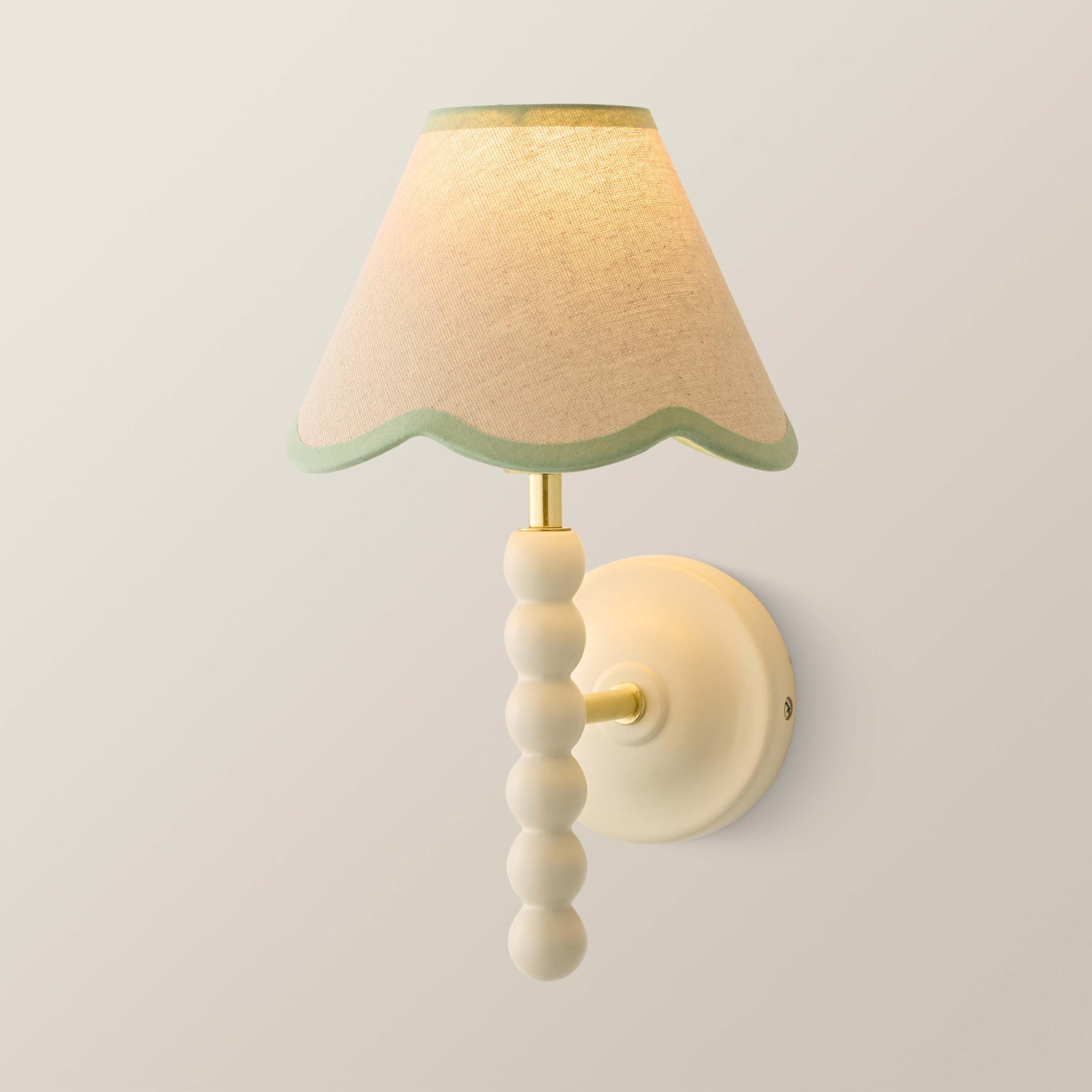 ValueLights | Bobbins Cream Bobble Wall Light and Green Trim Linen Lamp Shade | Mains Wired