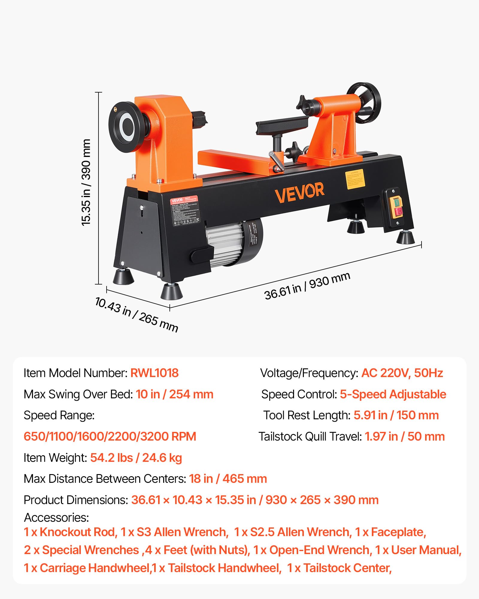 VEVOR Tornio per Legno da Banco 375 W 254 x 465 mm 5 Velocità Regolabili