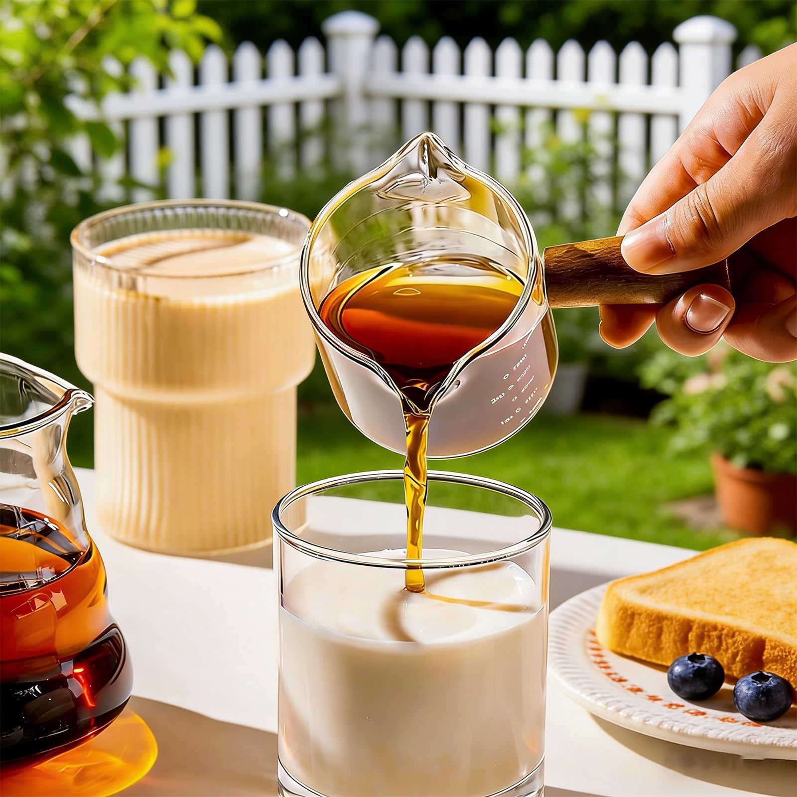 2 kubki z miarką do espresso, z drewnianym uchwytem, 75 ml, podwójny nalewak w kształcie litery V, podwójny nalewak, przezroczyste szkło, dzbanek do spieniania mleka, mały kubek do pomiaru