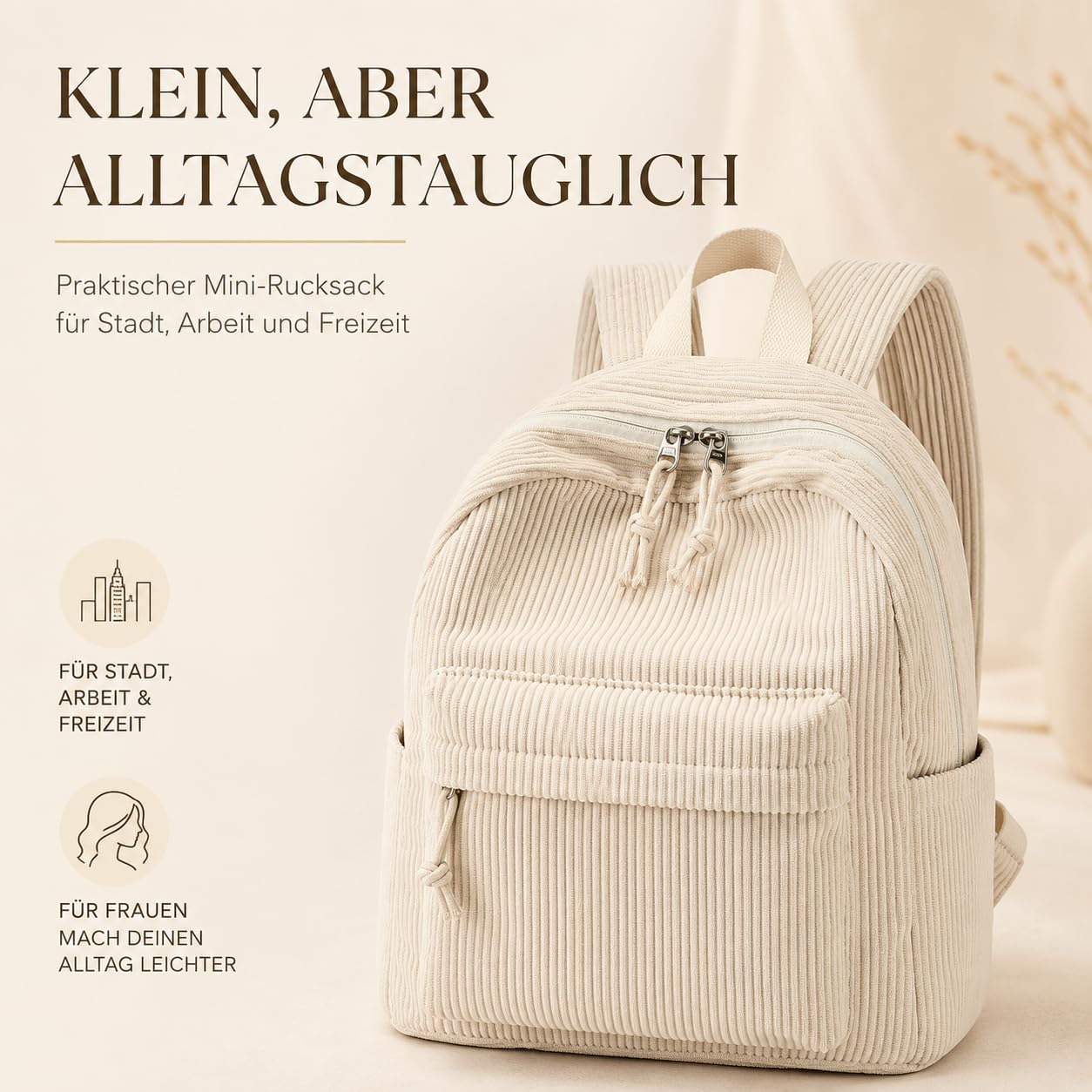 LOIDOU Petit sac à dos pour femme, petite ville, sac à dos décontracté en velours côtelé, mini portefeuille pour l'école, le travail, les voyages, le shopping